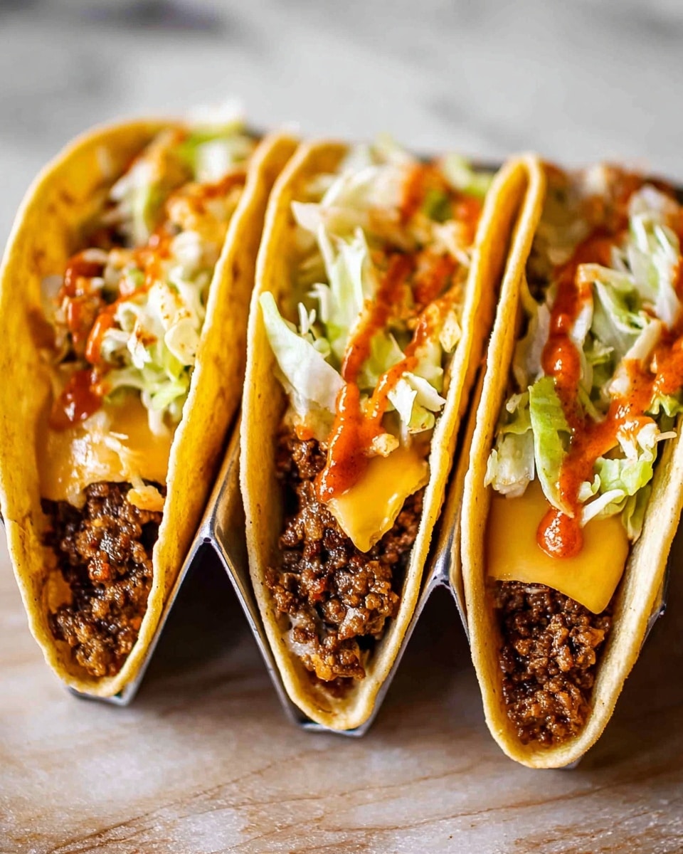 Three soft tacos are placed upright in a metal taco holder on a white marbled surface. Each taco has a folded pale yellow tortilla filled with a bottom layer of cooked ground meat in dark brown, topped with a layer of melted light yellow cheese slices that fold over the edges. Above the cheese, there is shredded pale green lettuce and a drizzle of orange-red sauce on top. The textures of the tortillas are smooth and slightly browned at the edges while the fillings look juicy and fresh. Photo taken with an iphone --ar 4:5 --v 7