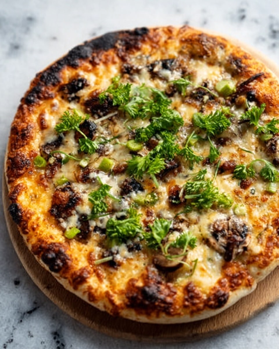A round pizza with a thick, golden-brown crust, slightly charred in spots, sits on a wooden board over a white marbled surface. The pizza is topped with melted cheese that is light yellow and bubbly, scattered with pieces of browned mushrooms and chunks of green vegetables. Fresh green parsley leaves are spread evenly over the top, adding a fresh touch. The texture of the pizza looks crispy at the edges and softer in the middle. Photo taken with an iphone --ar 4:5 --v 7