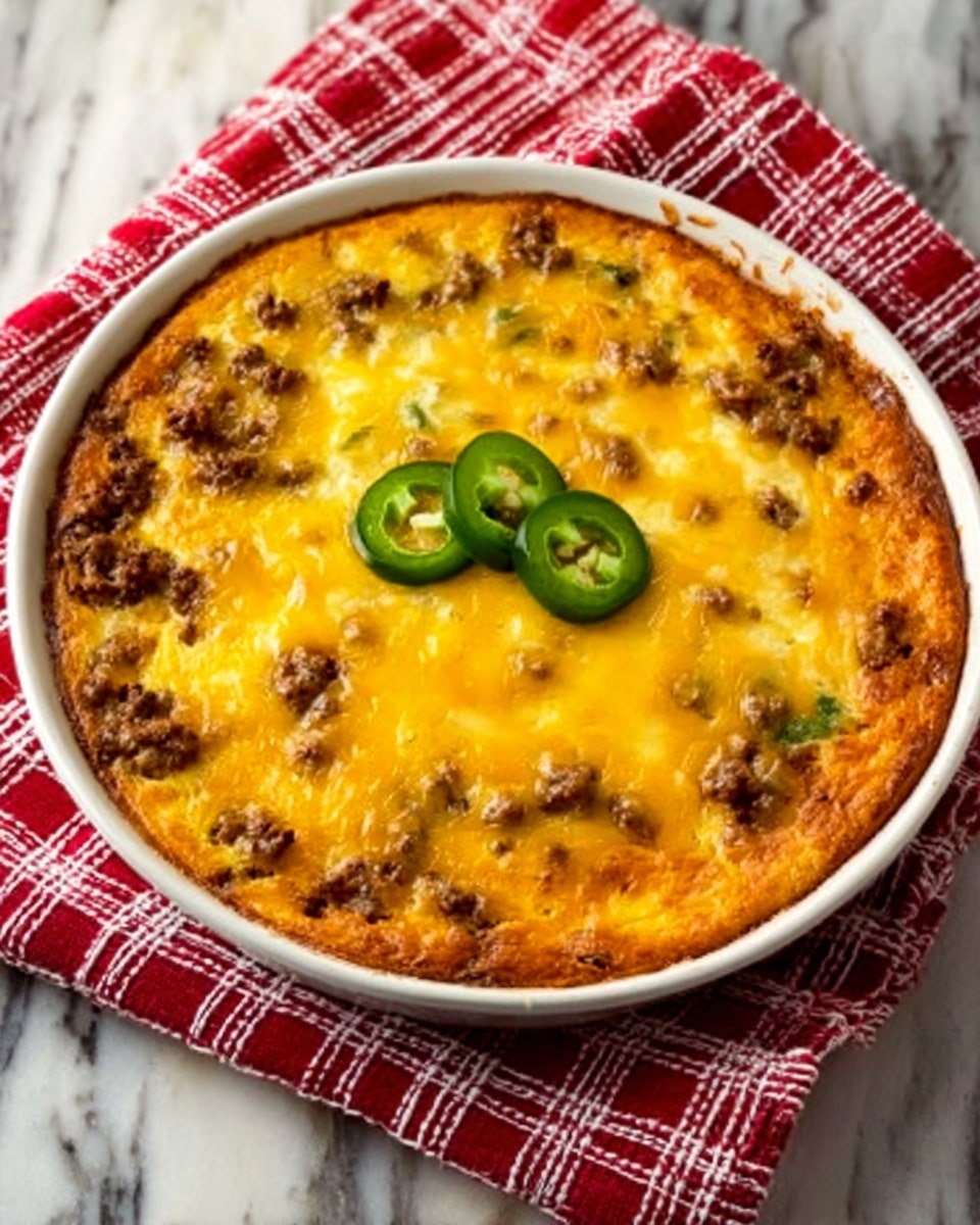 The image shows a round casserole dish filled with a baked cheesy casserole topped with melted yellow cheese and browned ground meat evenly spread over the surface. In the center, there are three green jalapeño slices arranged closely together. The casserole dish is white and sits on a red and white checkered cloth, placed on a white marbled surface. Photo taken with an iphone --ar 4:5 --v 7