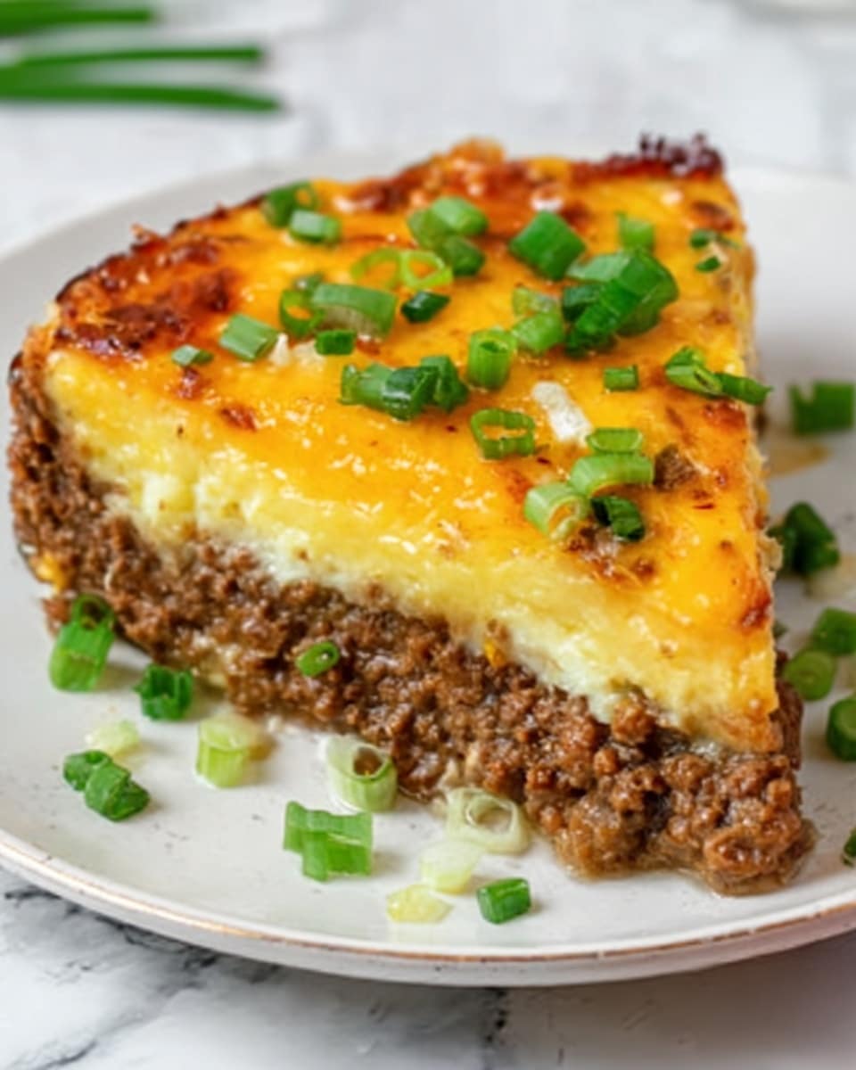 The image shows a close-up slice of a baked dish that has three clear layers on a white plate. The bottom layer is a thick, cooked ground meat with a rich brown color and a crumbly texture. Above it is a smooth, creamy yellow layer that looks like mashed potatoes. The top layer is golden melted cheese with a slightly bubbly and browned surface, garnished with bright green chopped spring onions scattered over the cheese and around the plate. The plate sits on a white marbled surface. Photo taken with an iphone --ar 4:5 --v 7