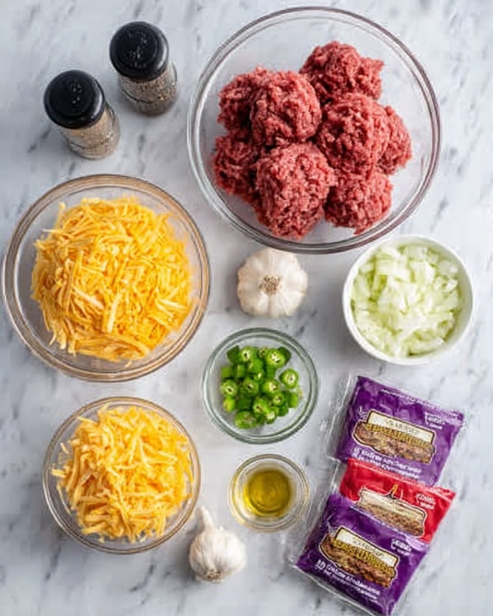 The image shows ingredients for a dish arranged neatly on a white marbled surface. There is a clear bowl filled with raw ground meat, shredded bright yellow cheddar cheese in another clear bowl, and a white bowl with chopped onions. Next to them are small clear bowls containing diced green chilies and a small amount of liquid seasoning. One whole garlic bulb sits to the side. There are two small black spice containers and a package of kosher style patties with bright red and purple labels. The whole scene is bright, clean, and well organized. Photo taken with an iphone --ar 4:5 --v 7