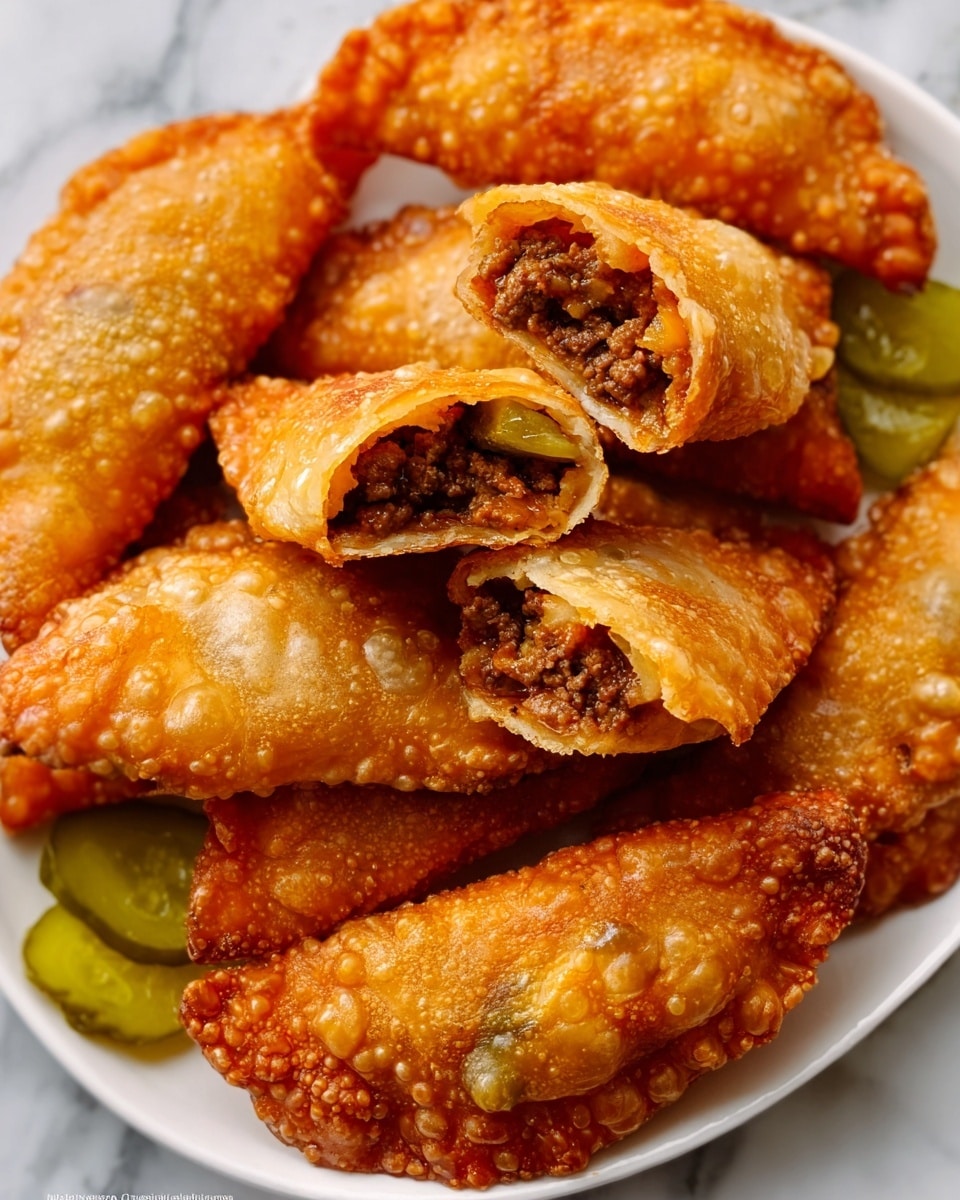 The image shows several golden brown, crispy fried pastries stacked on a white plate, placed on a white marbled surface. Two of the pastries are broken open in the center, revealing a filling of minced meat mixed with finely chopped vegetables, which looks moist and savory. There are a few green pickle slices scattered around, adding a touch of color contrast to the warm tones of the pastries. The pastries have crinkled, bubbly edges with a textured surface that shines slightly from frying. Photo taken with an iphone --ar 4:5 --v 7