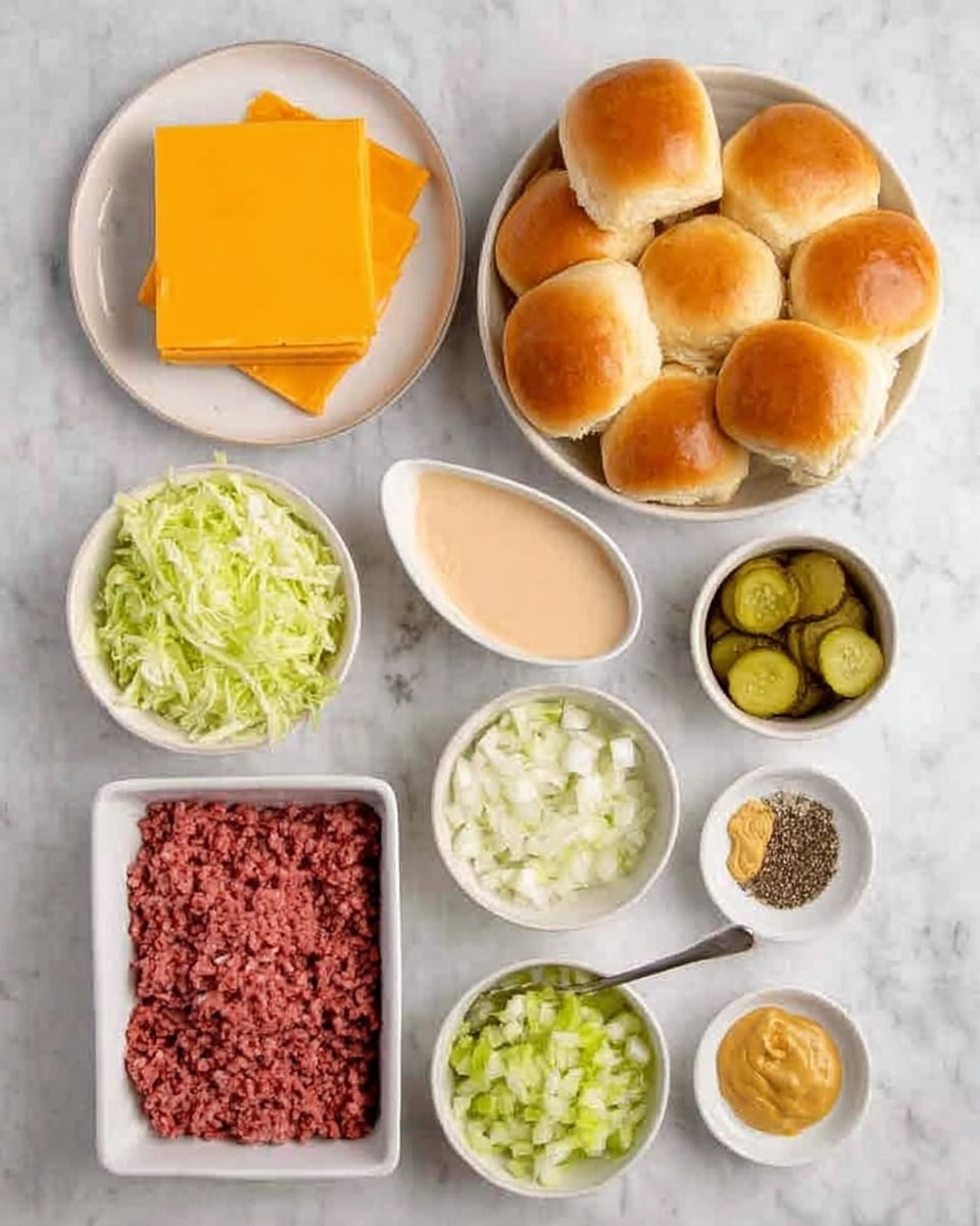 The image shows a white marbled surface with separate ingredients arranged neatly. There is a white plate with a square stack of orange-yellow cheese slices in the top left, and next to it, a white bowl filled with a batch of soft golden-brown dinner rolls. Near the center is a light peach-colored sauce in a white bowl with a small spoon resting on the rim. Below that, there is a white rectangular dish containing raw ground meat that is dark red. To the right of this are small white bowls containing sliced green pickles, chopped white onions, and pale green shredded lettuce. There are also three tiny white bowls with different sauces or spices, including a yellow mustard-like sauce, a brownish-red sauce, and fine black pepper. Everything is placed clearly and evenly spaced. Photo taken with an iphone --ar 4:5 --v 7