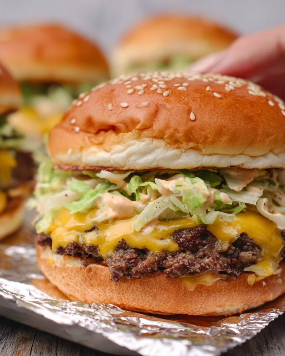 A close-up view of a cheeseburger on a white sesame seed bun with three main layers visible: a yellow melted cheese slice at the bottom, a thick, textured brown beef patty in the middle, and a creamy light tan sauce mixed with shredded green lettuce on top. The burger sits on foil with a second burger blurred in the background on a white marbled surface. The bun looks soft and shiny, and a woman's hand is lifting the foil slightly. Photo taken with an iphone --ar 4:5 --v 7