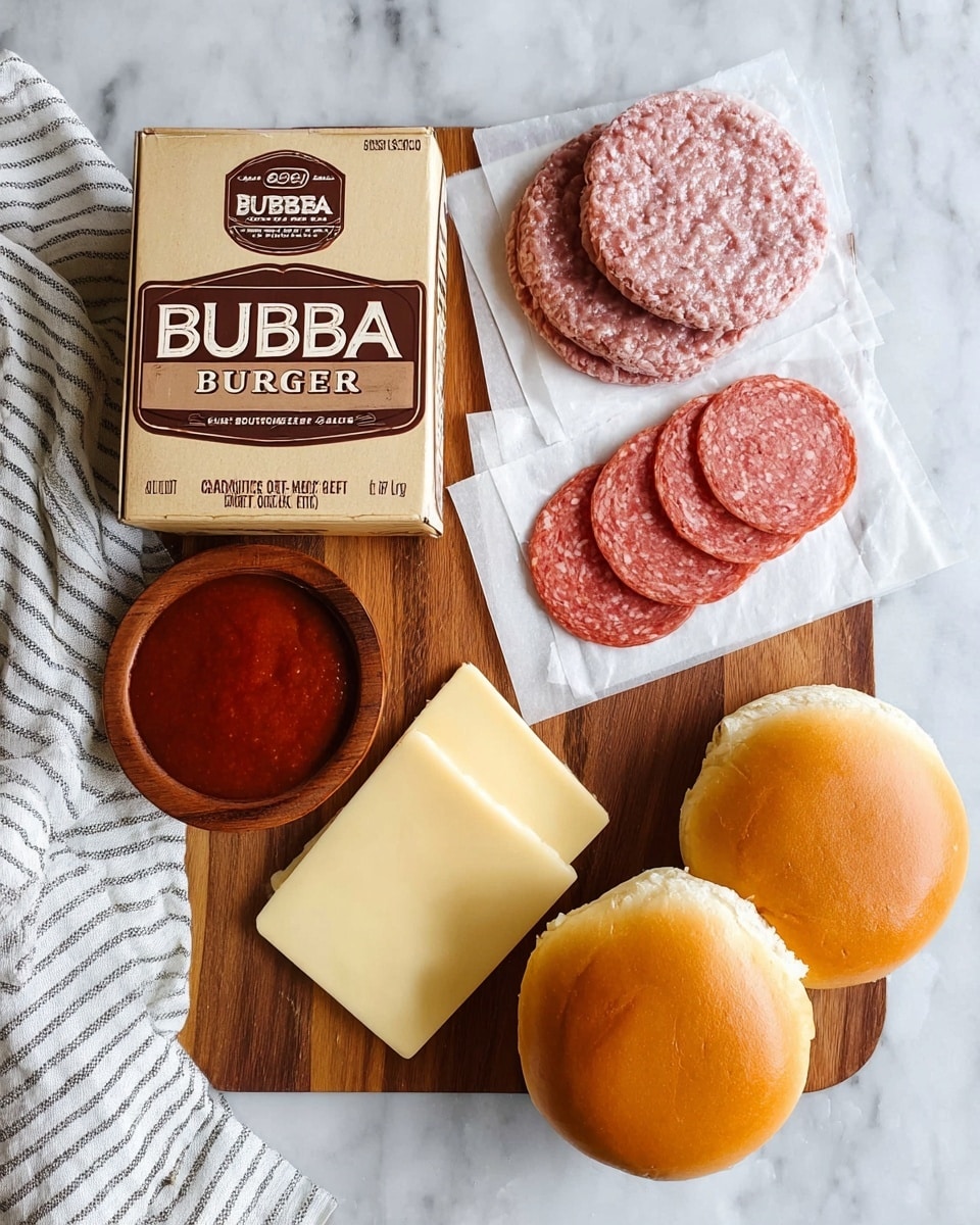 The image shows a wooden cutting board on a white marbled surface. On the board, there is a frozen, textured raw burger patty with a rough, icy surface, a few slices of pepperoni with a deep red color and specks of fat, and three square slices of pale yellow cheese stacked neatly. Next to the board, there are three soft, golden brown burger buns stacked, showing a smooth and shiny top crust. A small wooden bowl filled with thick, bright red sauce sits on the bottom left side of the board. At the top left of the cutting board, there is a brown box labeled