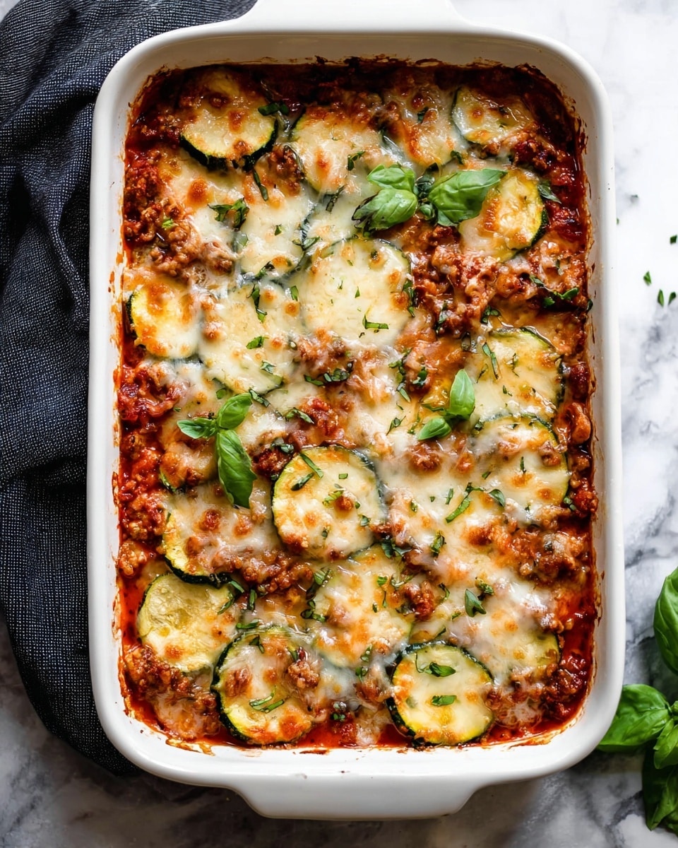 A white rectangular baking dish filled with a cheesy baked casserole, showing melted golden and white cheese bubbling on top. Underneath the cheese, there are slices of green zucchini and bits of cooked meat in a reddish tomato sauce, spread evenly in multiple layers. Fresh green basil leaves and small chopped green herbs are scattered on top, adding color and freshness. The dish rests on a white marbled surface with a dark gray cloth partially visible on the left side. photo taken with an iphone --ar 4:5 --v 7