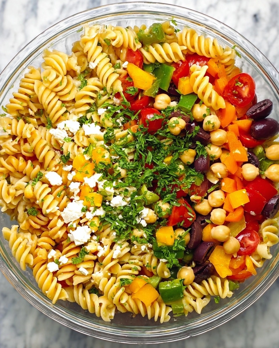 A clear bowl filled with a colorful pasta salad shows several layers of different ingredients mixed together. The base layer is made of light beige spiral rotini pasta. Mixed all through are bright pieces of chopped red tomatoes, yellow and green bell peppers, orange carrot slices, chunks of white cheese, and black olive slices. Chickpeas are scattered evenly across the dish. The salad is topped with finely chopped fresh green parsley. The bowl is set on a white marbled surface. photo taken with an iphone --ar 4:5 --v 7