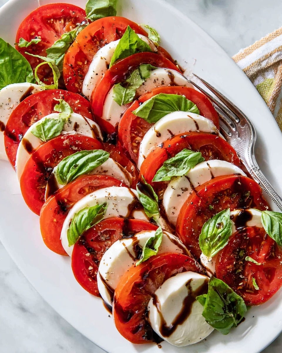 The image shows a white oval plate with a Caprese salad arranged in neat layers. There are alternating slices of bright red tomatoes and white mozzarella cheese, each slice being thick and smooth. Between each tomato and cheese slice, there are fresh green basil leaves adding a pop of color and texture. The salad is topped with a drizzle of dark balsamic glaze and sprinkled with cracked black pepper. A small silver fork rests on the right edge of the plate, and the whole setup is placed on a white marbled surface. photo taken with an iphone --ar 4:5 --v 7