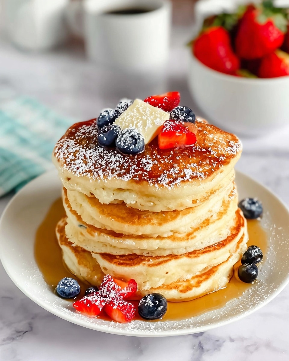 A stack of five golden pancakes sits in the center of a white plate on a white marbled surface, each pancake slightly thick with a soft texture. On top of the stack, there is a small square of butter melting slowly, surrounded by fresh blueberries and halved strawberries, adding deep blue and bright red pops of color. Some powdered sugar is lightly sprinkled over the top and around the plate, and syrup is drizzled over the pancakes, creating a shiny, rich glaze that runs down the sides. Additional blueberries are scattered around the base of the stack on the plate. In the blurred background, there is a white bowl filled with more strawberries. Photo taken with an iphone --ar 4:5 --v 7