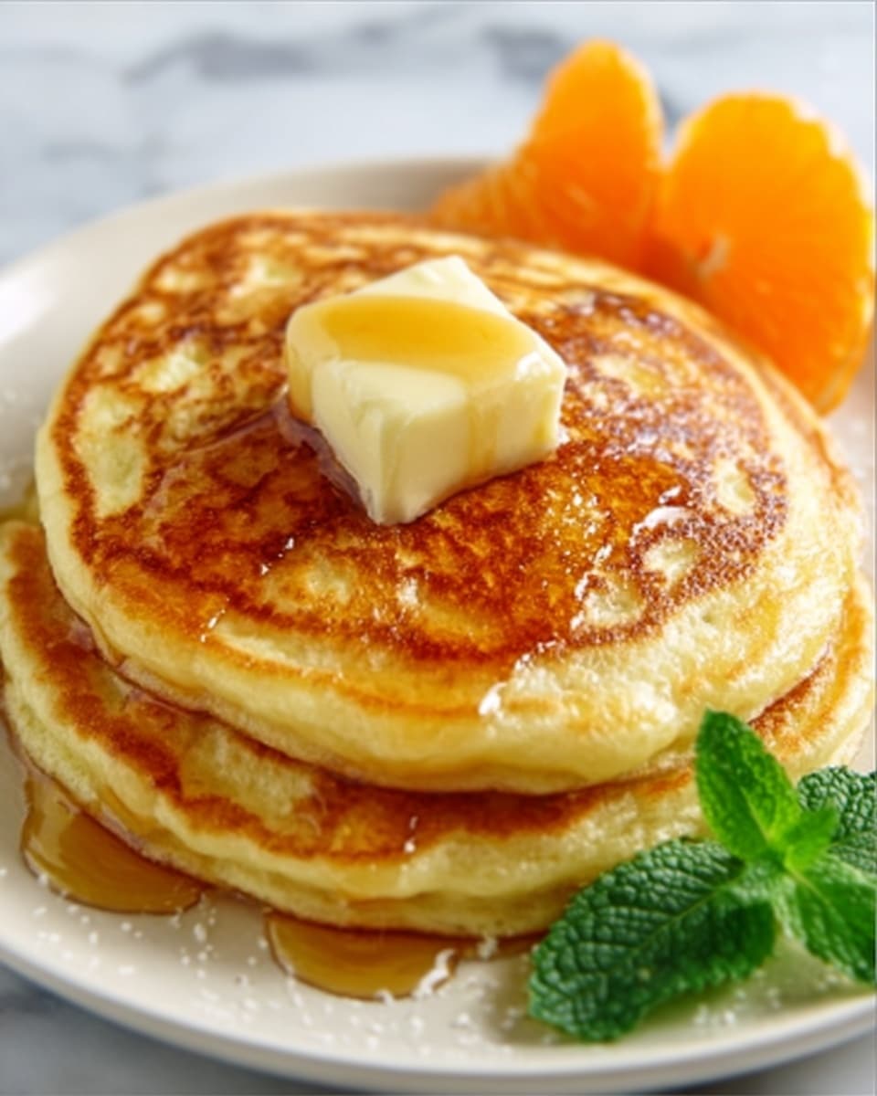 Two thick, golden brown pancakes stacked one on top of the other on a white plate. On the top pancake, there is a square piece of melting butter with honey drizzled over it, spilling slightly down the sides. On the plate near the pancakes, there is a slice of bright orange tangerine and some fresh green mint leaves. The background surface is white marble. photo taken with an iphone --ar 4:5 --v 7