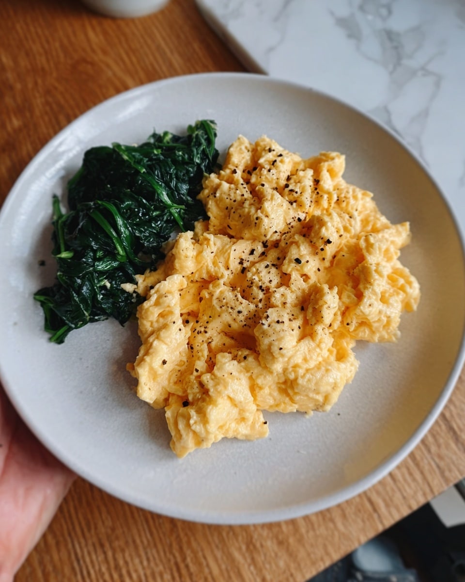 The image shows a white plate with two main parts: on the right side, there is a large, fluffy pile of creamy scrambled eggs with a soft yellow color and small black pepper specks on top, and on the left side, there is a smaller portion of cooked greens that look dark green and slightly shiny, placed together neatly. The plate sits on a wooden table with a white marbled surface underneath, and a woman's hand is visible holding the plate from the bottom left corner. photo taken with an iphone --ar 4:5 --v 7
