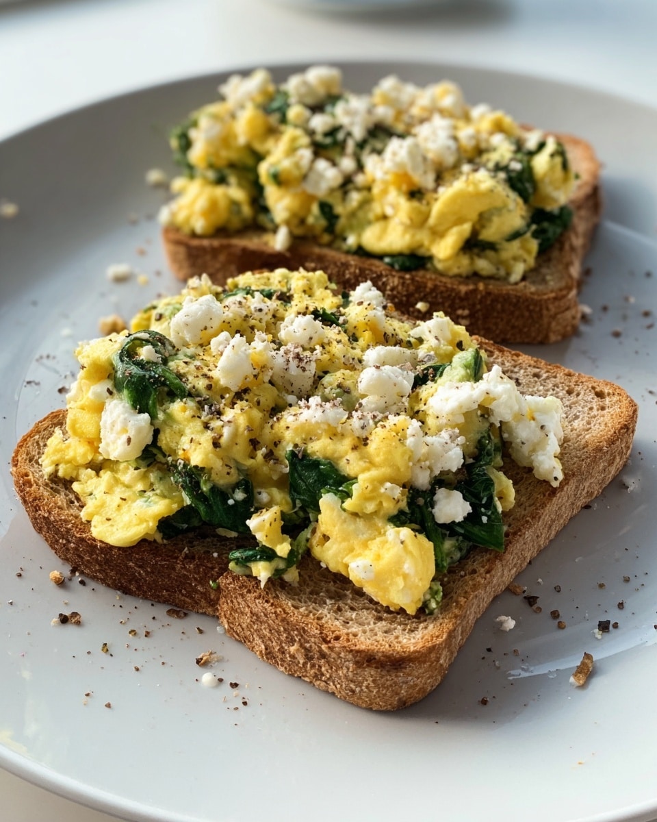 Two pieces of light brown whole grain toast are placed on a white plate with a white marbled texture background. Each toast is topped with a layer of scrambled eggs mixed with green spinach leaves, creating a yellow and green textured layer. On top of the eggs and spinach, there is a sprinkle of crumbly white cheese with some coarse black pepper scattered, adding contrast and texture. A few crumbs are visible on the plate around the toast. Photo taken with an iphone --ar 4:5 --v 7