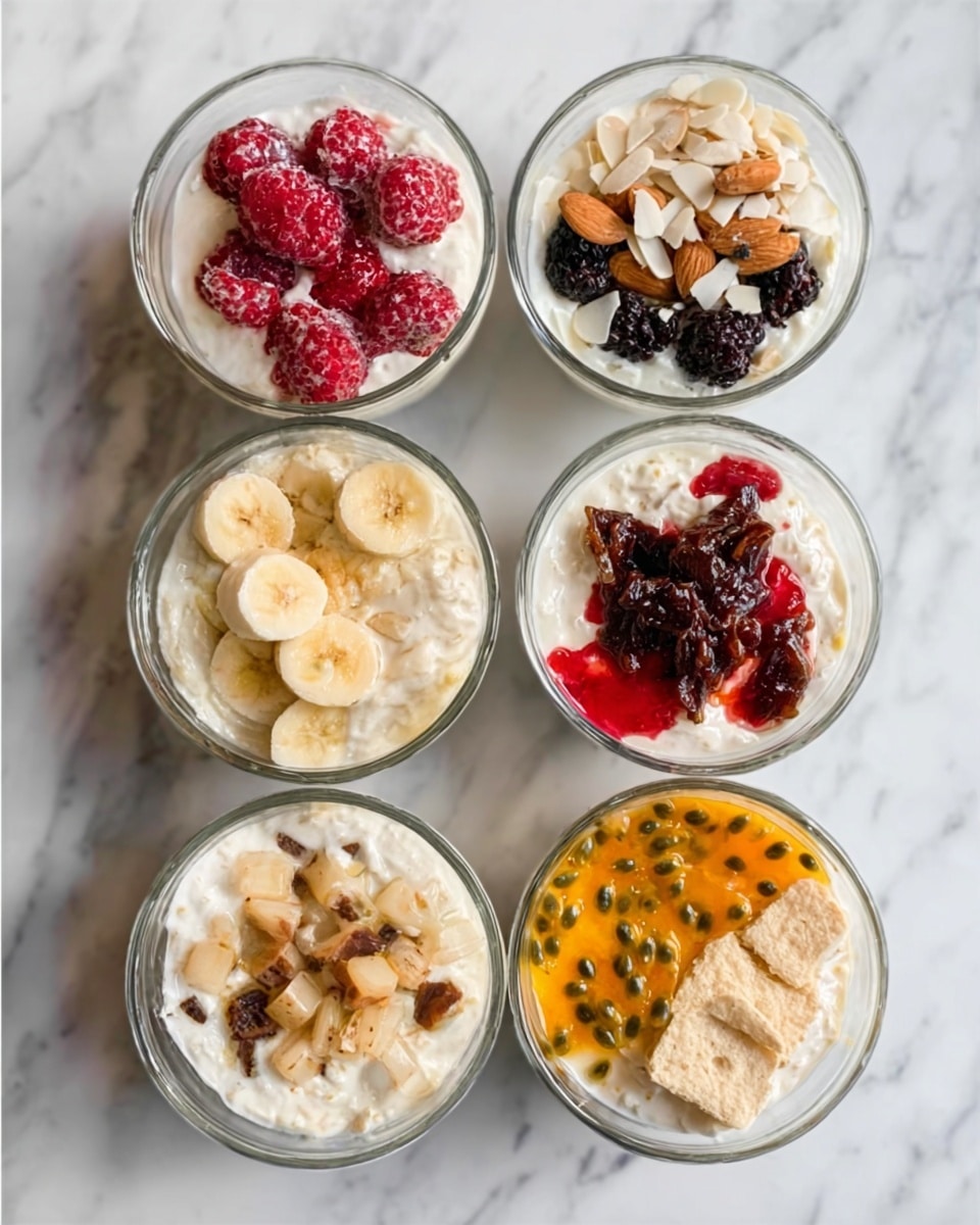 The image shows six small clear glass bowls arranged in two rows of three on a white marbled surface. Each bowl contains a different creamy dessert layer topped with various colorful toppings. The top left bowl has a white creamy base topped with fresh red raspberries and dark blackberries. To its right, the bowl holds a white cream topped with sliced almonds and dark dried fruit. The top right bowl has a white creamy layer with a red berry sauce or compote on top. The bottom left bowl shows a white creamy base topped with small light brown pieces that look soft and sliced dark fruits next to them. The center bottom bowl has a white creamy layer topped with sliced bananas and small dark raisins. The bottom right bowl contains a white creamy base topped with bright orange passion fruit seeds and two pieces of light brown biscuit or cookie. The photo taken with an iphone --ar 4:5 --v 7