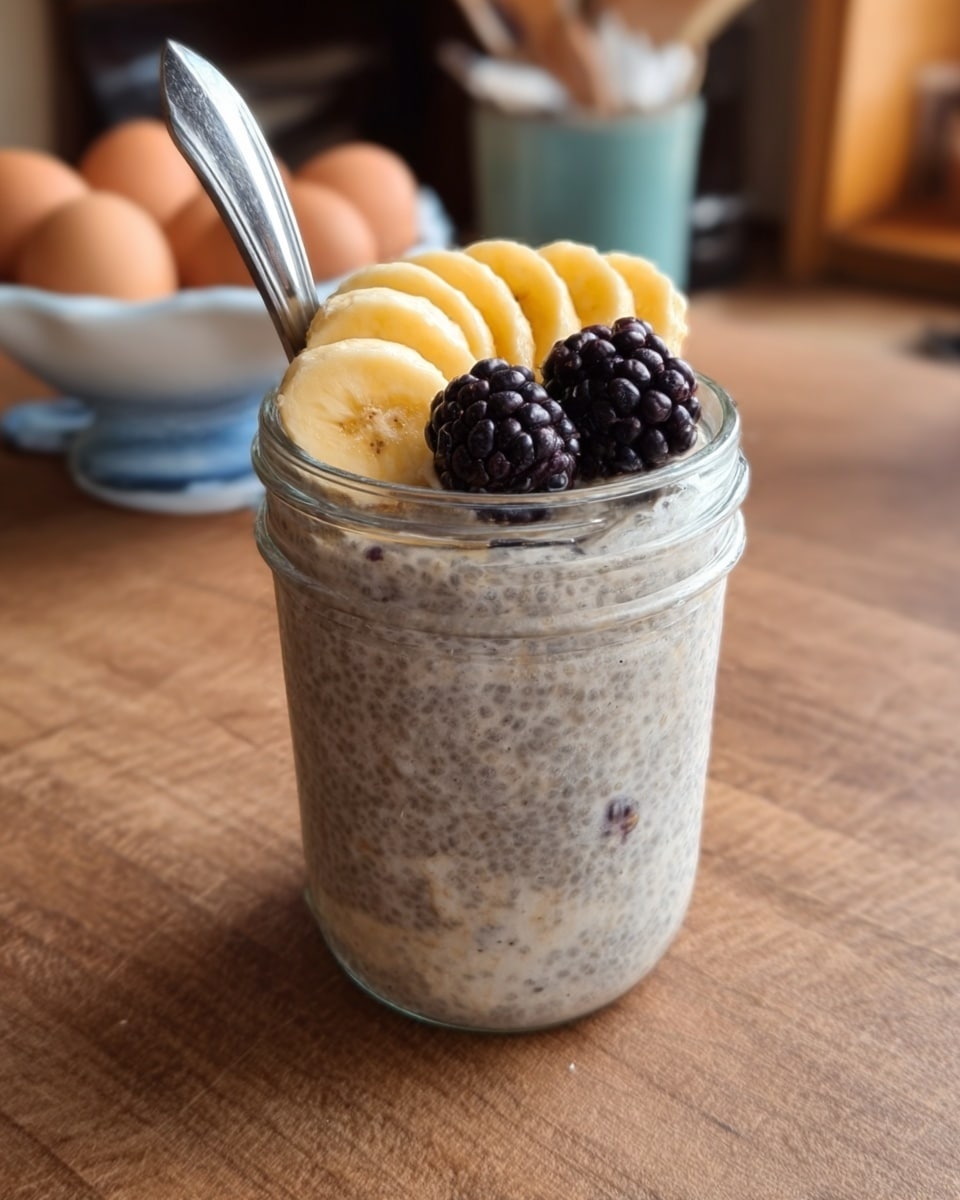 The image shows a clear glass jar filled with a creamy chia pudding that has a grayish texture with visible chia seeds. On top, there is a neat layer of sliced banana arranged in a curved line along one side, showing yellow and light cream colors. Next to the bananas, there are two dark purple-black blackberries placed close together. A metal spoon is placed inside the jar, leaning against the edge. The jar sits on a wooden surface with a bowl of eggs and some kitchen items blurred in the background. photo taken with an iphone --ar 4:5 --v 7