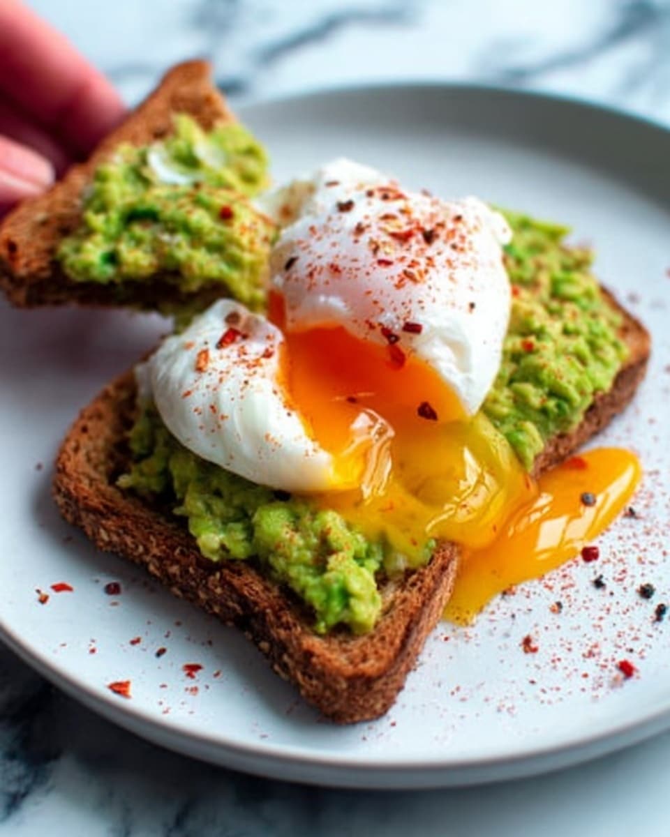 The image shows a slice of toasted brown bread topped with chunky mashed avocado spread evenly. On top of the avocado, there is a soft poached egg with a white, smooth texture and a bright yellow yolk flowing down the sides. The egg is sprinkled lightly with black pepper and red chili flakes. A woman's hand is lifting the edge of a second toast piece with a little bit of white spread visible. The food is placed on a simple white plate against a white marbled surface in the background. photo taken with an iphone --ar 4:5 --v 7