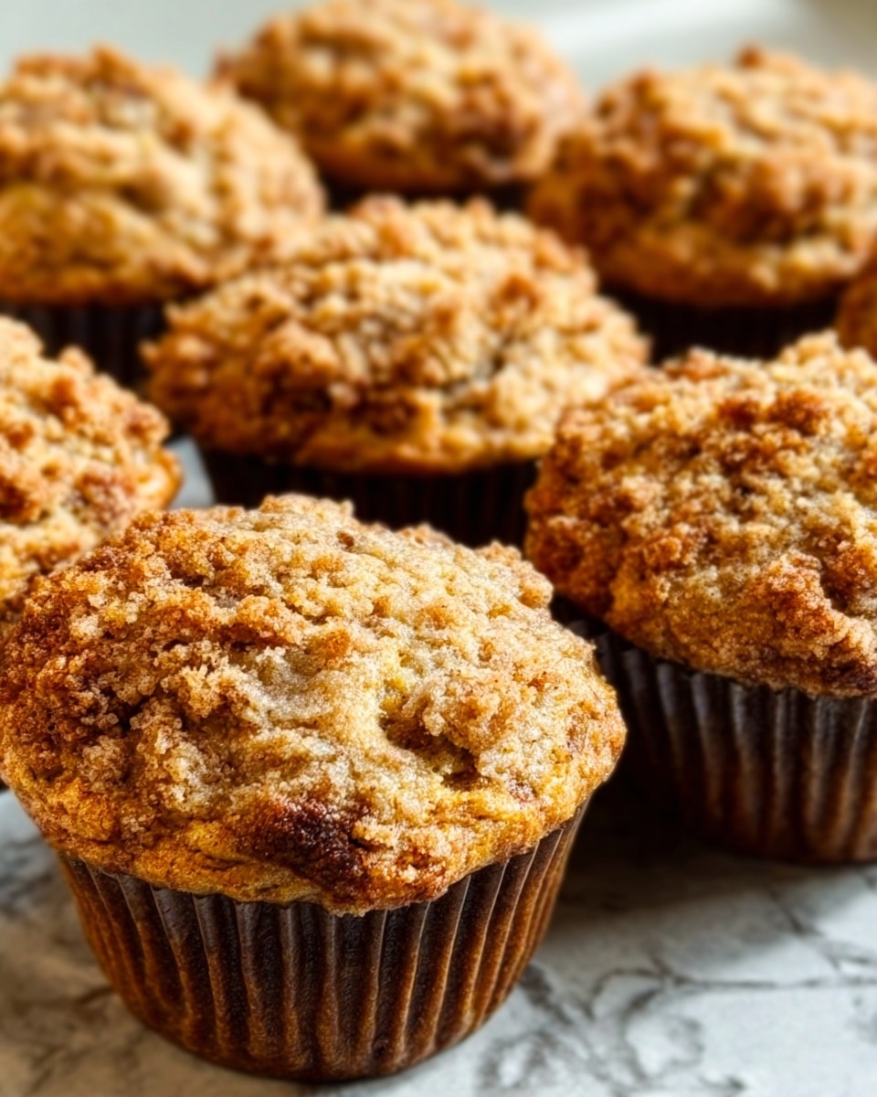 The image shows a close-up of several muffins with a crumbly, golden-brown topping that looks crunchy and rough. Each muffin has a light brown base with darker spots of baked texture. They are arranged closely together, filling the frame with a warm, inviting look. The muffins are in dark baking liners, and the background has a soft focus with a white marbled texture that adds a clean contrast to the warm colors of the muffins. Photo taken with an iphone --ar 4:5 --v 7