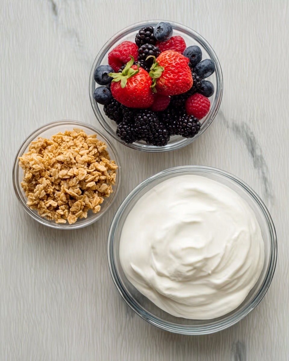 A simple arrangement of three clear glass bowls sits on a white marbled surface seen from above. The largest bowl on the right is filled with smooth, white yogurt that has soft, swirled textures on the surface. The medium bowl on the left contains a bright mix of fresh berries including shiny blackberries, plump blueberries, and vibrant red strawberries with green tops. Above these two bowls, a smaller bowl holds small, light brown crunchy granola crumbs with a textured, crumbly look. The overall image looks clean and fresh. photo taken with an iphone --ar 4:5 --v 7