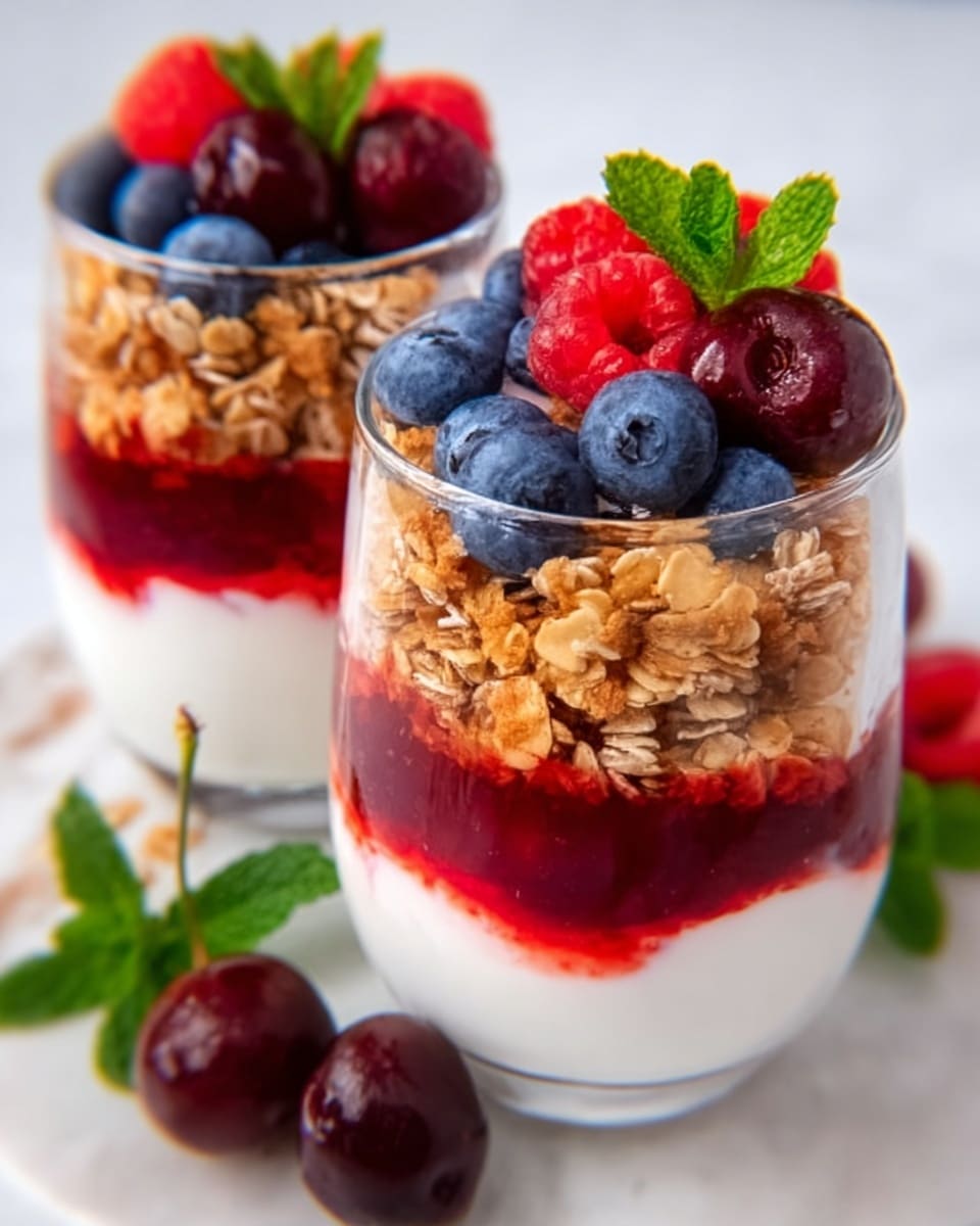 The image shows two clear glasses filled with a layered yogurt parfait placed on a white marbled surface. Each glass has four layers starting with a smooth white yogurt base at the bottom, followed by a bright red fruit sauce layer that looks slightly chunky. Above the sauce, there is a thick layer of golden brown granola with a rough texture. The top layer is white yogurt again, decorated with fresh blueberries, raspberries, and cherries, adding blue, red, and dark purple colors. Green mint leaves are also placed near the glasses for decoration. Photo taken with an iphone --ar 4:5 --v 7