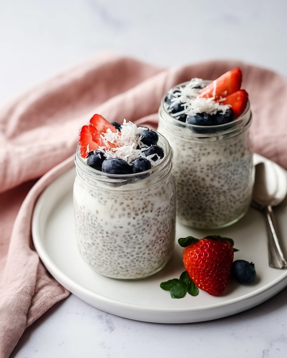 Two clear glass jars sit on a white plate with a white marbled background, each filled with around three layers of creamy white chia pudding mixed with tiny black chia seeds. The top layer is decorated with fresh toppings including whole blueberries, sliced red strawberries, and a light sprinkle of shredded coconut that adds texture. Next to the jars on the plate, there is a halved strawberry with green leaves and two blueberries, along with small green leaves as decoration. Behind the plate, a soft pink cloth adds a gentle color contrast. Photo taken with an iphone --ar 4:5 --v 7