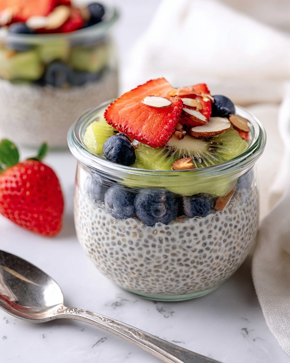A clear glass jar filled with three layers is shown on a white marbled surface. The bottom and middle layers are creamy white chia pudding dotted with tiny black chia seeds, making a smooth yet textured base. On top, there is a colorful layer of fresh fruit pieces carefully arranged: bright red strawberry slices in the center, surrounded by green kiwi slices and plump dark blue blueberries. A few slivered almonds are scattered among the fruit, adding a light touch of beige and texture. In the foreground, a shiny silver spoon lies next to the jar, and a whole fresh strawberry with green leaves is nearby. The background is softly blurred with a white cloth and another jar visible. photo taken with an iphone --ar 4:5 --v 7