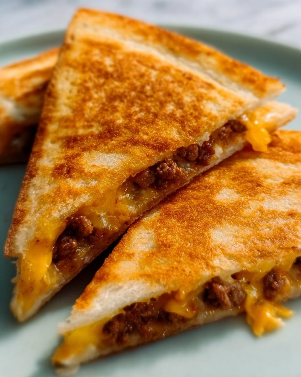 The image shows a close-up of a toasted sandwich cut into two triangular pieces. The sandwich has a golden brown, crispy outer layer with visible light toasting marks. Inside, there is melted yellow cheese oozing out slightly, mixed with cooked ground meat that appears well browned and juicy. The sandwich pieces are placed on a white plate, set on a white marbled surface. The focus is on the texture of the toasted bread and the melted filling inside. Photo taken with an iphone --ar 4:5 --v 7