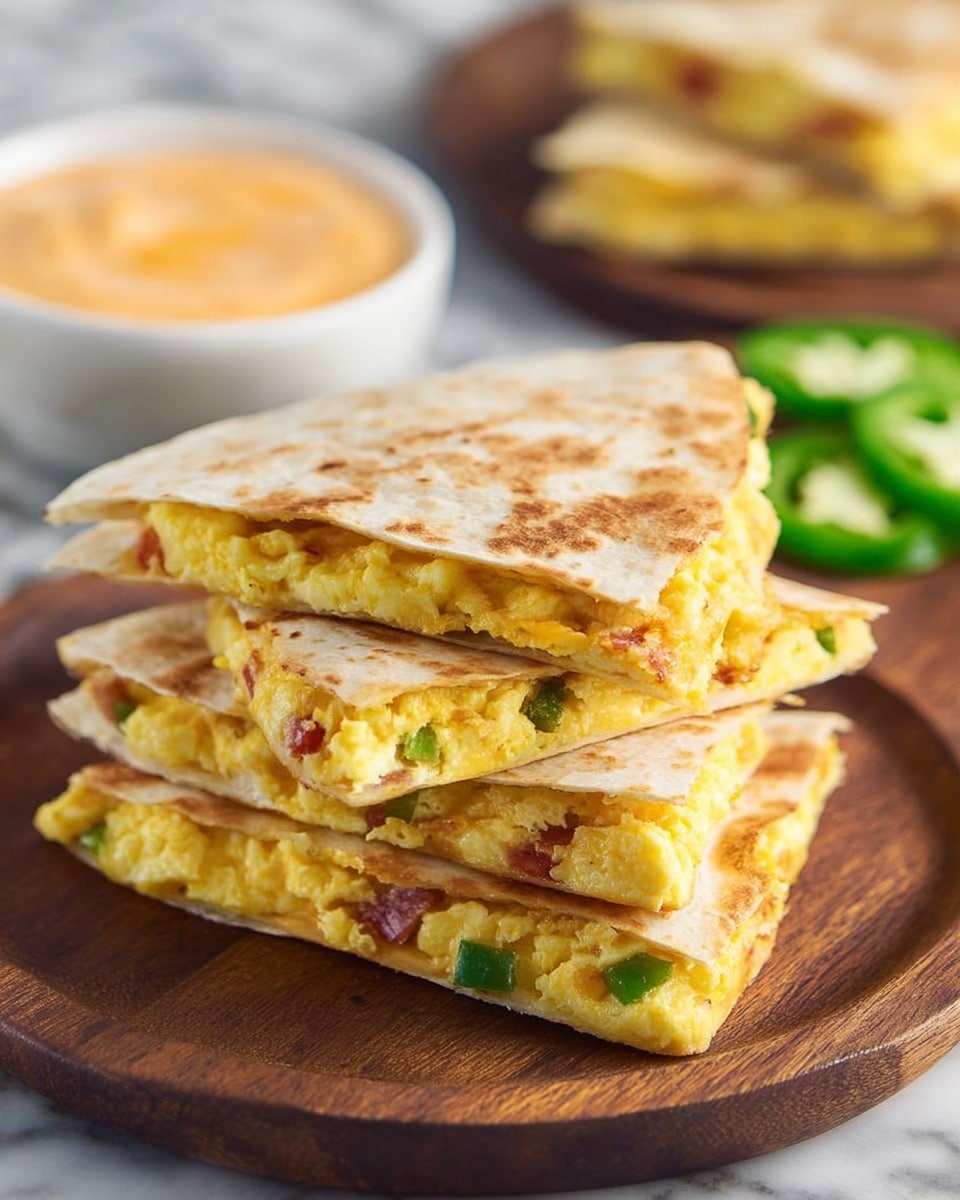 The image shows a stack of four triangular pieces of quesadilla on a round wooden plate. Each quesadilla has two light brown toasted tortillas as the top and bottom layers with a slightly crispy texture. Inside, there is a thick layer of yellow scrambled eggs mixed with melted orange cheese and small bits of green vegetables and red seasoning or meat. The quesadillas look warm and soft inside, with cheese slightly oozing out from the edges. In the background, there is a small white bowl with a creamy orange sauce and blurred slices of green bell pepper on a white marbled surface. Photo taken with an iphone --ar 4:5 --v 7