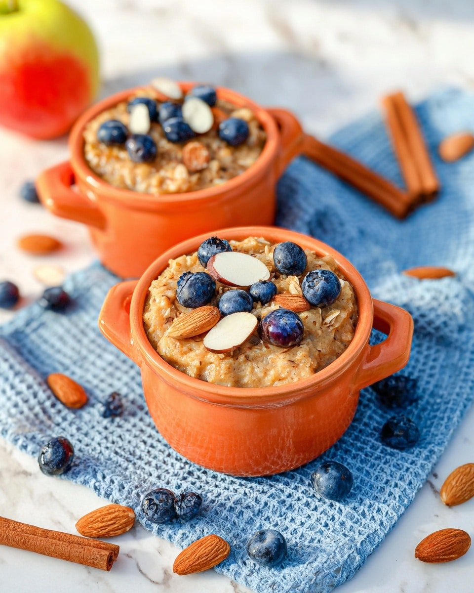 Two small orange ceramic pots filled with thick oatmeal topped with several frozen blueberries and whole almonds. The oatmeal has a rough texture with visible oats and a light brown color. The pots sit on a blue cloth with a waffle pattern, which is placed on a white marbled surface. Around the pots are scattered whole almonds, cinnamon sticks, and a red-yellow apple in the background. The scene is bright with natural light, photo taken with an iphone --ar 4:5 --v 7