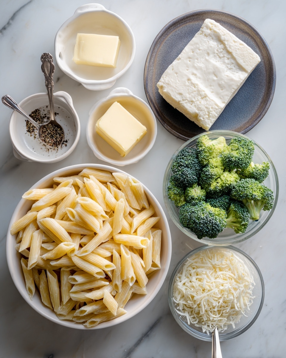 The image shows six separate containers on a white marbled surface, each holding a different ingredient. In the bottom left, there is a white bowl filled with dry penne pasta, light yellow in color and filling the bowl halfway. To the right, a dark plate holds a block of soft white cheese. Above this, a small white bowl contains a pale yellow square of butter. To the top left, a white cup is filled with coarse black pepper. On the top right, a transparent measuring cup holds green broccoli florets. Finally, a metal measuring spoon on the right contains finely grated white cheese. photo taken with an iphone --ar 4:5 --v 7