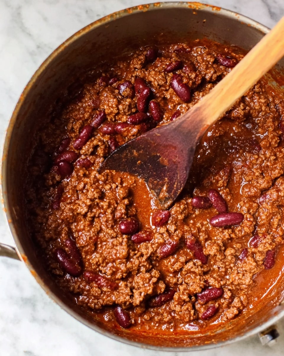 The image shows a close-up of a pot filled with thick chili. The chili has at least two layers visible: the top layer is dark brown with a chunky texture from the cooked ground meat, and beneath it, there are dark red kidney beans scattered throughout. A wooden spoon with a deep brown color is resting inside the pot, partially covered with chili. The pot is on a white marbled surface. Photo taken with an iphone --ar 4:5 --v 7