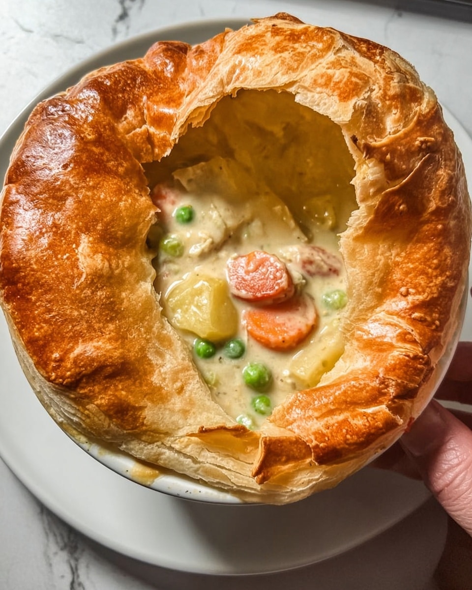 A pot pie is shown with a thick, golden brown crust that is puffed and flaky, covering a white bowl. The crust has one large opening at the top revealing filling inside with visible pieces of carrots, green peas, and chunks of light yellow potatoes in creamy white sauce. A woman's hand is holding the edge of the crust peeling it away. The bowl sits on a white plate over a white marbled surface. The photo taken with an iphone --ar 4:5 --v 7