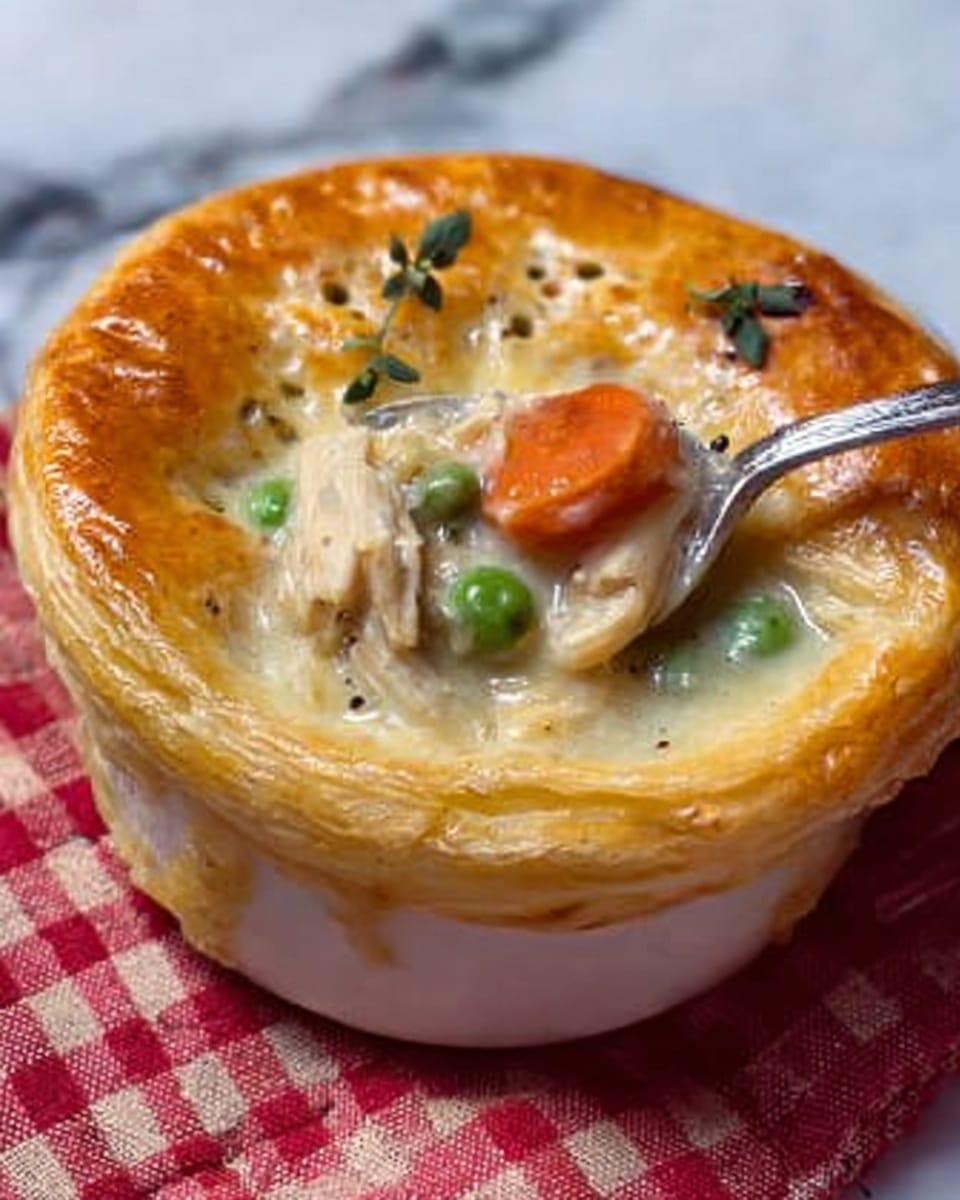 The image shows a small white bowl filled with creamy chicken and vegetable soup covered by a golden-brown, shiny pastry crust with a slightly puffed texture. The crust has a few small holes and is decorated with small green herb leaves. A silver spoon lifting a scoop of the thick soup reveals chunks of tender chicken, bright orange carrots, and green peas. The bowl is placed on a red checked cloth on a white marbled surface. Photo taken with an iphone --ar 4:5 --v 7