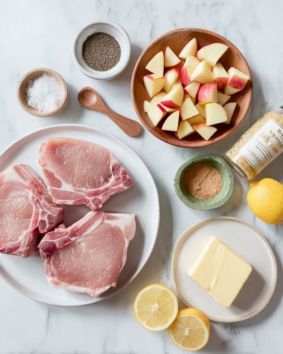 The image shows raw pork chops on a white plate, each chop having a light pink color with white fat edges and visible bone. Next to it, there is a white bowl with black pepper and another small white bowl with coarse salt and a tiny wooden spoon. A wooden plate holds small cubes of red and yellow apple pieces, some spilled onto the white marbled surface. Nearby, there is a small ceramic plate with a square piece of butter in the center. Lemon halves and a lemon wedge are placed on the white marbled surface near the plates. A small green bowl contains a light brown powder, and a cinnamon spice bottle is also visible, with its label facing the camera. The whole scene rests on a white marbled background. Photo taken with an iphone --ar 4:5 --v 7