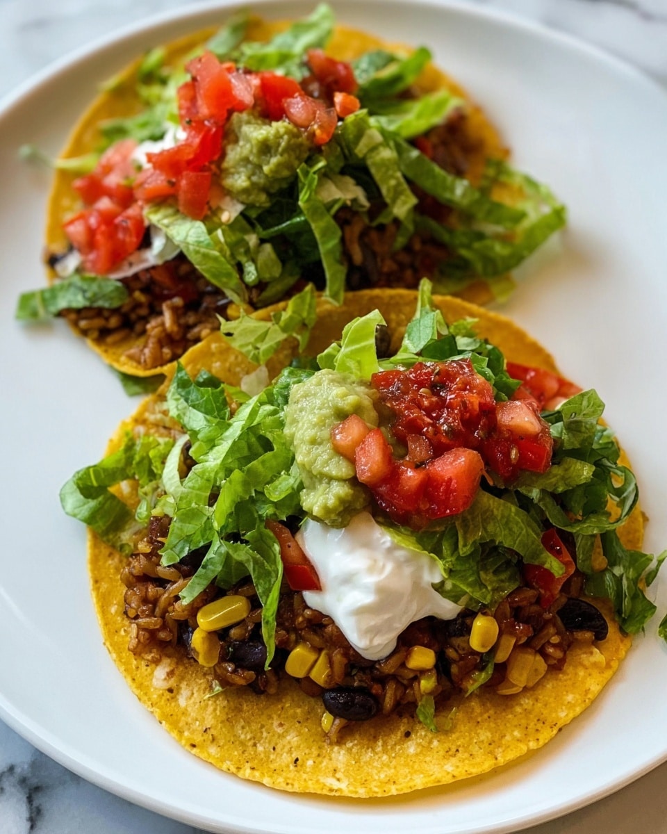 Two tacos are on a white plate, each with three main layers. The bottom layer is a yellow corn tortilla. On top of the tortilla is a mix of brown rice, black beans, corn, and green peppers. The top layer has green lettuce, red chopped tomatoes, a dollop of white sour cream, green guacamole, and some reddish salsa. The plate sits on a white marbled surface. photo taken with an iphone --ar 4:5 --v 7