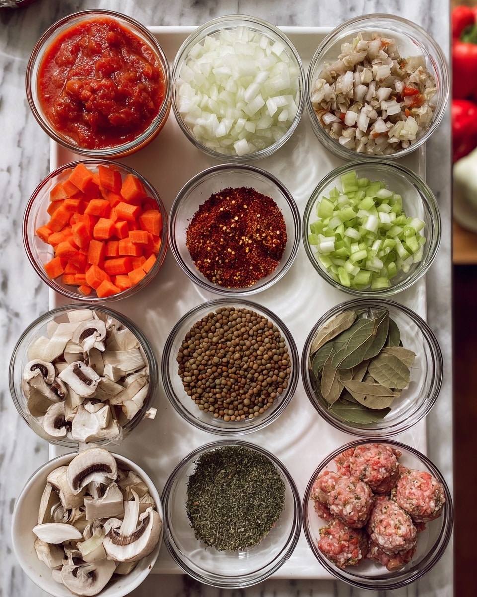 A white tray holds nine clear glass bowls filled with various ingredients arranged closely together. In the top row, there are diced white onions with a clean texture on the right, and chunks of bright red tomatoes in a sauce with a shiny surface on the left. Below, bowls of small diced bright orange carrots and pale green chopped celery sit side by side, with dried green herbs in a small bowl above the celery. To the left, a bowl with finely chopped pale garlic and a larger bowl with chopped brown mushrooms with white insides add earthy colors. In the center is a small bowl filled with red pepper flakes, deep red and textured. The bottom row features a bowl of round brown lentils with bay leaves on top to the left, next to a bowl of dark green dried herbs, and finally a bowl of raw meat balls showing a mix of pink and white shades with a rough texture to the right. The tray is set on a white marbled surface. Photo taken with an iphone --ar 4:5 --v 7