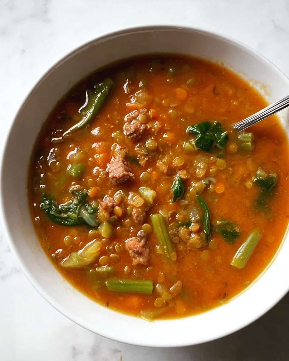 A white bowl filled with thick, orange-brown soup containing visible pieces of green beans, small chunks of cooked meat, lentils, and leafy greens scattered throughout. The soup looks hearty with a slightly glossy surface, and a silver spoon is partially submerged on the right side of the bowl. The bowl is placed on a white marbled surface. photo taken with an iphone --ar 4:5 --v 7