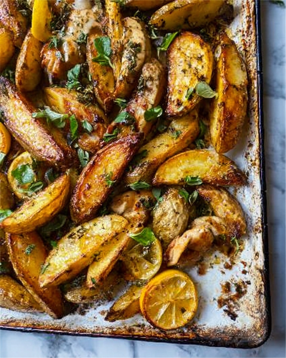 The image shows a baking tray filled with golden-brown roasted potato wedges, each wedge crispy on the edges and soft in the middle, mixed with pieces of roasted chicken seasoned with herbs. Scattered among the wedges are slices of roasted lemon, adding a yellow contrast with a slightly charred look. Small green herb leaves are sprinkled on top, giving a fresh touch to the warm tones of the potatoes and chicken. The tray sits on a white marbled surface with some juices and seasoning visible around the food, showing a rustic and tasty meal. Photo taken with an iphone --ar 4:5 --v 7