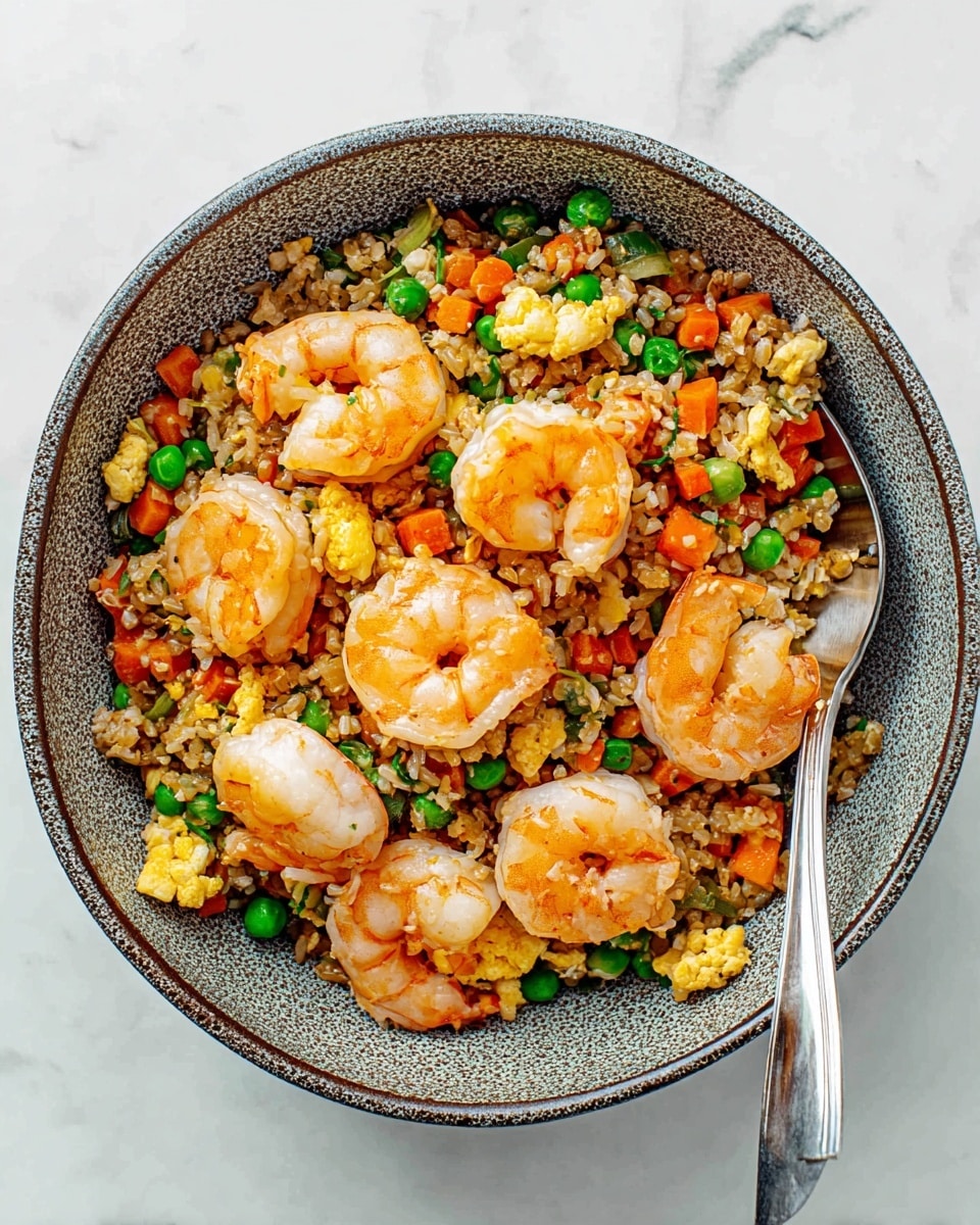 A speckled gray bowl filled with a colorful shrimp fried rice sits on a white marbled surface. The dish has a base layer of light brown fried rice mixed with diced orange carrots, green peas, small pieces of scrambled yellow egg, and bits of cauliflower. On top, six plump, cooked shrimp with a bright orange-pink color are arranged evenly around the bowl. A silver fork is placed inside the bowl, resting on the edge. photo taken with an iphone --ar 4:5 --v 7