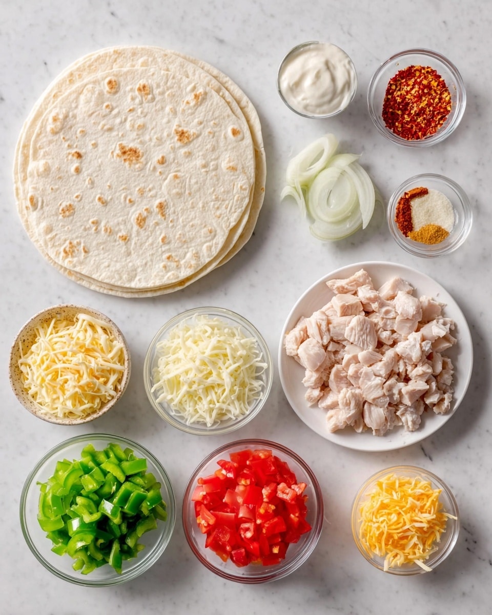 The image shows a white marble surface with ingredients laid out for making a dish, centered around a stack of soft white tortillas. On the right, there is a white plate filled with small pieces of cooked chicken, light pinkish-white in color. Around the tortillas, small clear bowls hold chopped green bell peppers, shredded yellow cheese, white chopped onions, red diced tomatoes, shredded white cheese, a golden-yellow spice, and a small amount of red chili flakes. There is also a small clear container with a white creamy sauce. The ingredients are neatly arranged, showing a colorful and fresh mix on the clean white marble background photo taken with an iphone --ar 4:5 --v 7
