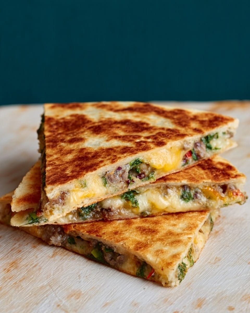 The image shows three triangular slices of stuffed flatbread stacked on each other. Each slice has a golden-brown crispy outer layer, lightly toasted with darker spots. Inside, the filling is visible with melted yellow cheese stretching slightly between layers, mixed with green spinach and pieces of cooked meat. The flatbread pieces are placed on a white marbled surface with a dark teal background behind. The edges of the flatbread look soft but firm enough to hold the filling photo taken with an iphone --ar 4:5 --v 7