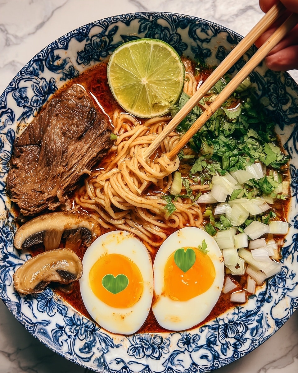 A bowl of ramen sits on a white marbled surface, filled with thin, light brown noodles covered in dark red spicy broth. On top, two halves of a soft-boiled egg show bright yellow yolks with small green heart-shaped slices on each yolk. Two thick, light brown grilled mushrooms rest beside the eggs near the bottom left. A large piece of tender brown meat is placed near the top right, and next to it are two bright green lime wedges. On the right side, there is a fresh mix of chopped white onions and green herbs scattered over the broth. A pair of wooden chopsticks is held by a woman's hand, picking up the noodles from the top left. The bowl is decorated with an intricate blue and white floral pattern. photo taken with an iphone --ar 4:5 --v 7