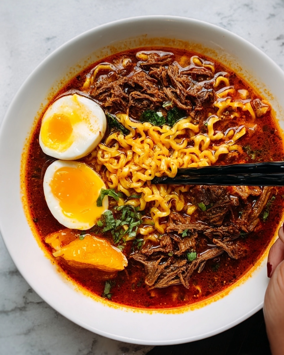 A white bowl filled with rich, red broth topped with curly yellow noodles placed in the center. Around the noodles, there are two halves of a soft-boiled egg with bright yellow yolks and white edges. Shredded brown meat is scattered generously over the broth and noodles. A wedge of orange lemon sits on the side of the bowl. Some green herbs are sprinkled lightly on top, adding color contrast. A pair of black chopsticks is held by a woman's hand dipping into the noodles. The bowl is on a white marbled surface. photo taken with an iphone --ar 4:5 --v 7