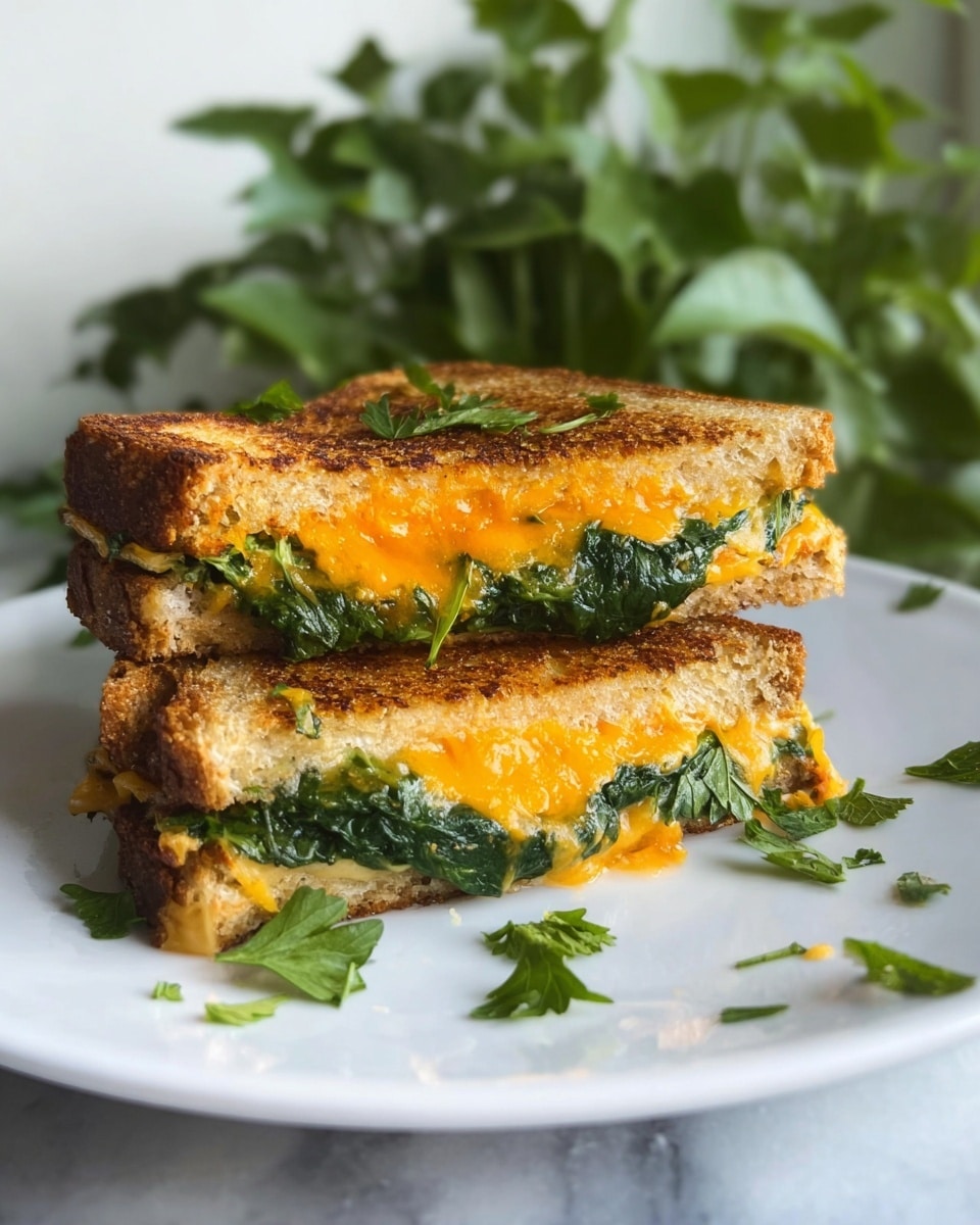 A grilled sandwich cut in half and stacked shows two layers of melted bright orange cheese and steamed dark green spinach leaves between three slices of golden toasted bread with a crisp crust and a soft inside. Small green parsley leaves are placed on top of the sandwich and scattered around on a white plate. The whole setup rests on a white marbled surface, with green leafy plants blurred softly in the background. photo taken with an iphone --ar 4:5 --v 7