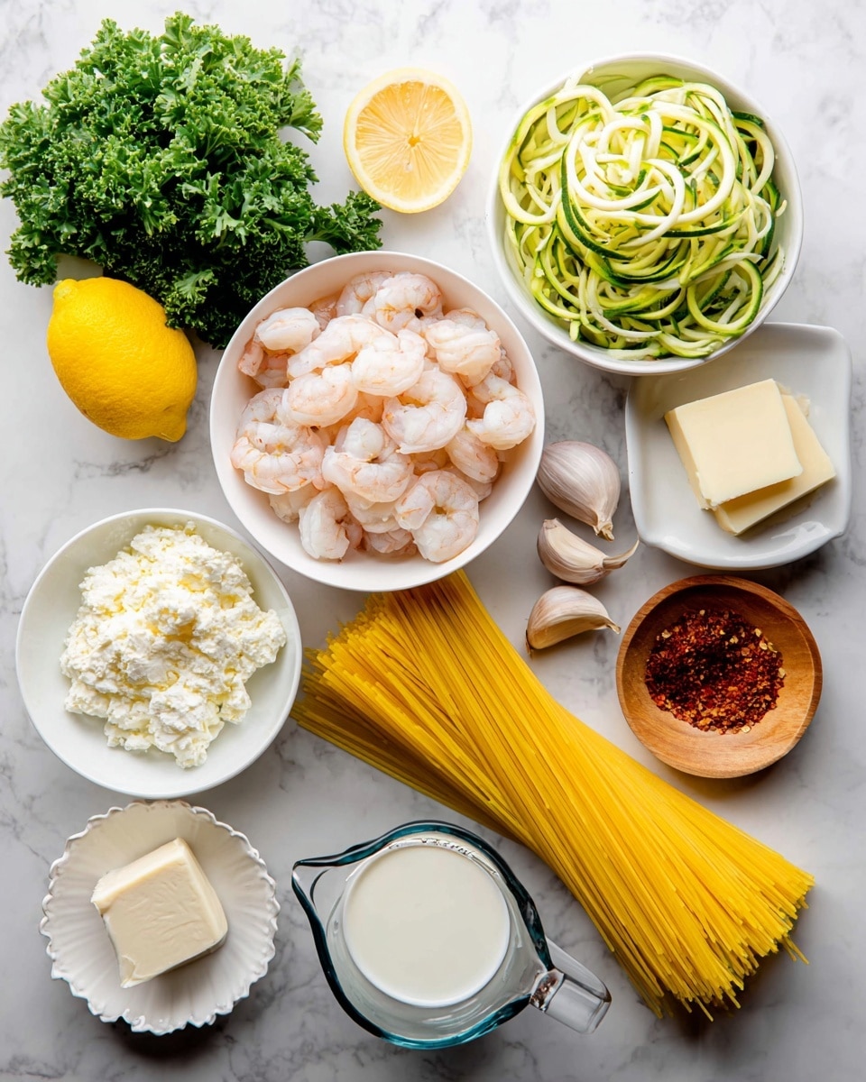 The image shows several fresh ingredients arranged neatly on a white marbled surface. At the center, there is a white bowl filled with frozen shrimp, pale pink and white with a slightly frosty texture. To its top right, a white bowl contains spiralized zucchini noodles, light green and creamy white in color, forming a loose, curly pile. Near the top center, there is a bright yellow lemon next to three peeled garlic cloves. To the left, a bunch of fresh curly parsley displays rich green, leafy texture. Below the parsley, uncooked yellow spaghetti strands lie in a neat bundle on a white plate. Near the bottom right, a small wooden bowl holds red pepper flakes with a coarse texture. Surrounding the shrimp bowl, there are small white dishes: one with white cream cheese, one with white flour, and another holding two small pieces of butter. A glass measuring cup filled with white milk is placed near the center. Lastly, a wedge of pale yellow cheese rests on a delicate white plate with an elegant edge design. Photo taken with an iphone --ar 4:5 --v 7