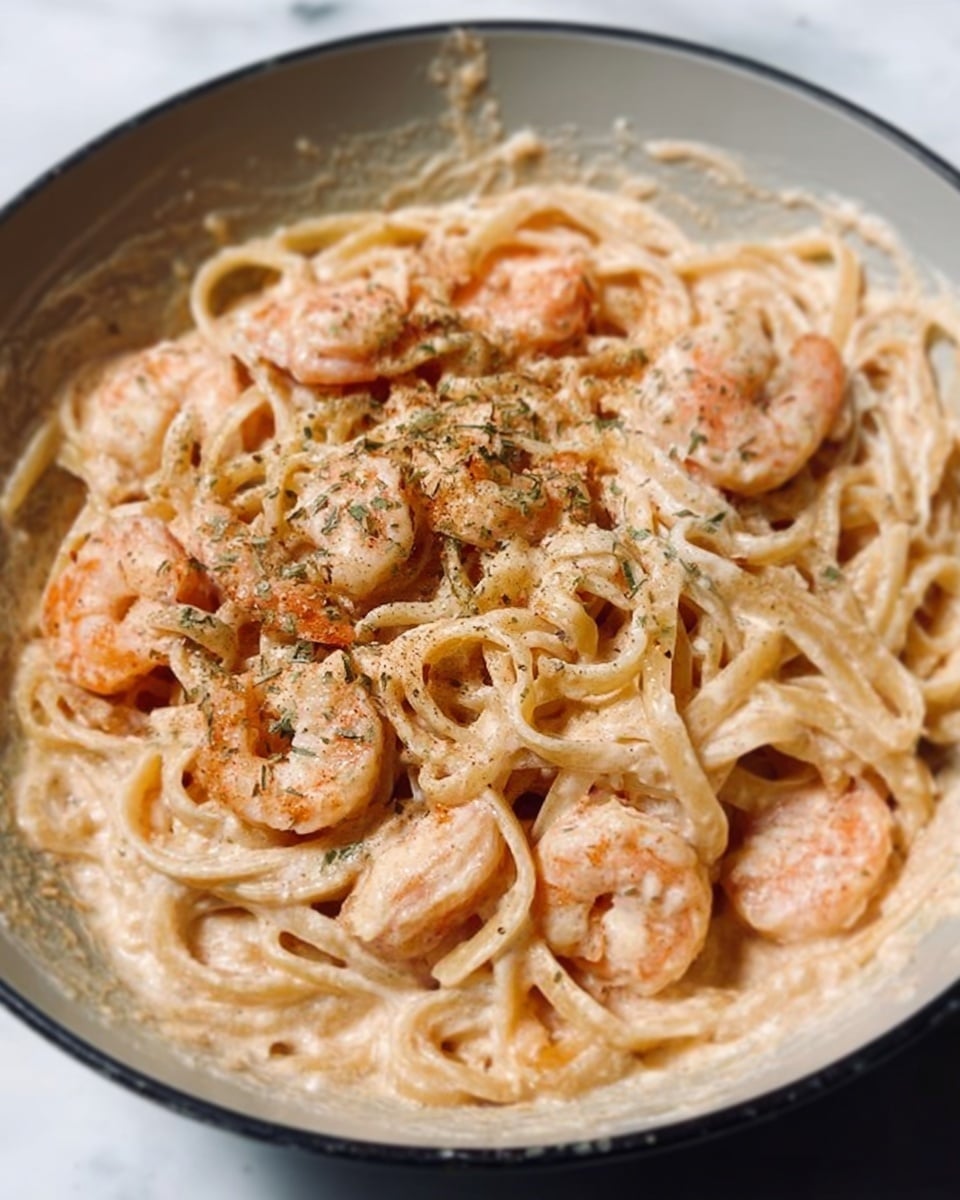 A close-up view of a white bowl filled with creamy pasta and shrimp. The pasta appears soft and thick, covered in a light pink sauce with a smooth and creamy texture. Medium-sized shrimp are mixed throughout, showing a light orange color with some herbs sprinkled on top, adding small green spots. The sauce coats the pasta evenly, creating a rich, velvety layer that blends well with the shrimp. The bowl is set on a white marbled surface. photo taken with an iphone --ar 4:5 --v 7