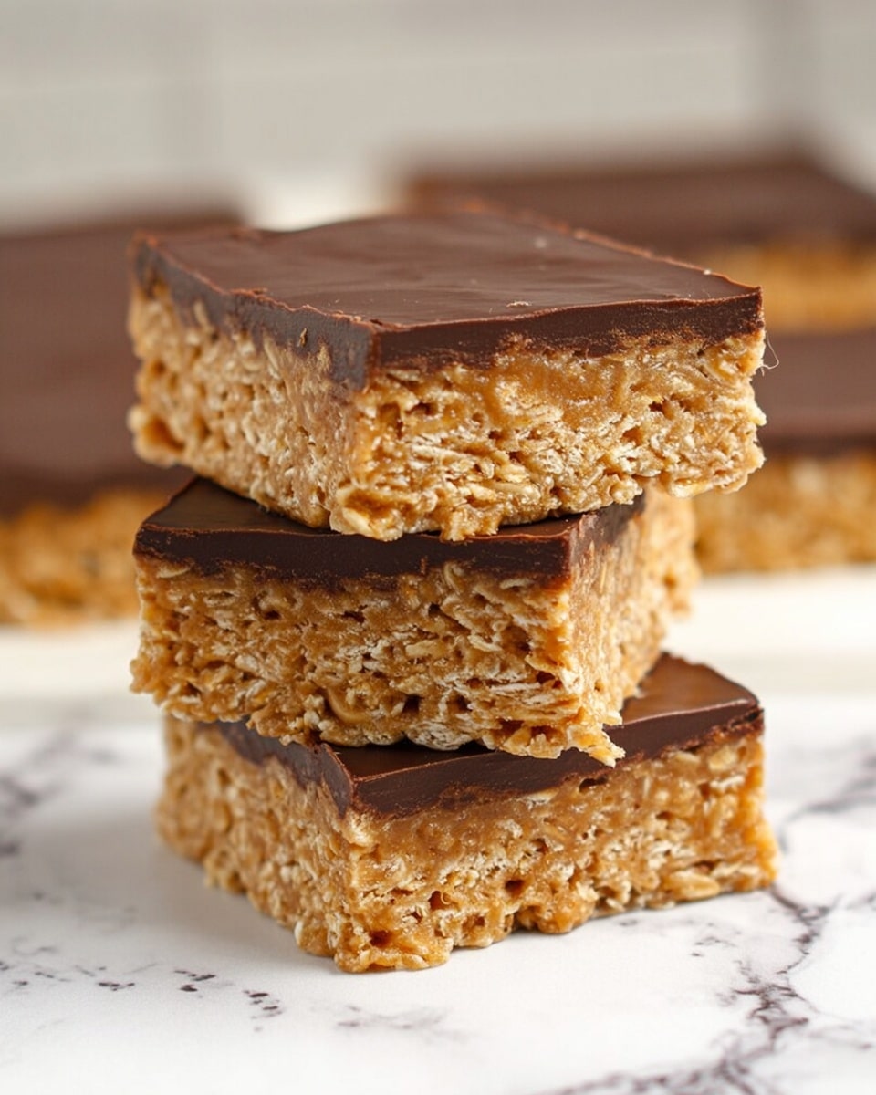 Three square bars are stacked on top of each other, each bar showing two layers: a thick bottom layer of golden brown, textured oat mixture with visible flakes, and a thin, smooth, dark chocolate layer on top. The bars are placed on a white marbled surface, with part of another bar blurred in the background. The colors highlight the contrast between the rough oat base and the glossy chocolate top. photo taken with an iphone --ar 4:5 --v 7
