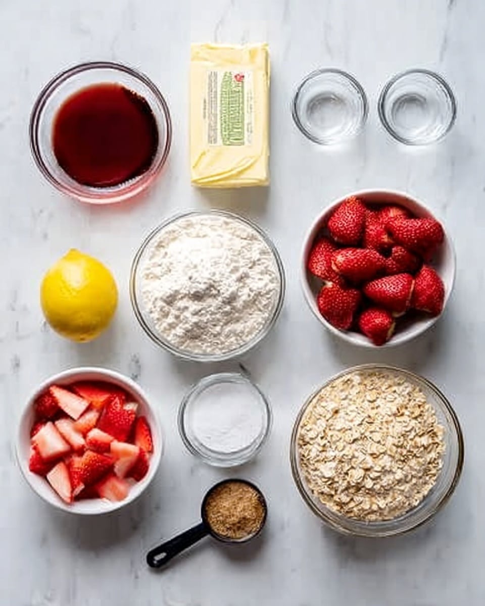 The image shows several cooking ingredients arranged neatly on a white marbled surface. In the top left corner, there is a small glass bowl filled with dark red syrup. Next to it, on its right, are three small empty glass bowls, lined up. Below the syrup, there is a rectangular block of butter in its wrapper, and to the right of the butter, a large glass bowl filled with white flour. Below the flour, on the left, there is a small glass filled with white sugar, and next to it, a half lemon with the cut side up. In the center, below the sugar and lemon, there is a white bowl with cut pieces of red fruit. On the right of that bowl, there is a glass bowl filled with bright red strawberries, and next to the strawberries on the right, a black measuring cup filled with packed brown sugar. Below the small bowl of cut fruit and the strawberries, there is a clear bowl filled with light brown rolled oats. The ingredients show a variety of colors including white, beige, red, and brown, all on a white marbled background. photo taken with an iphone --ar 4:5 --v 7