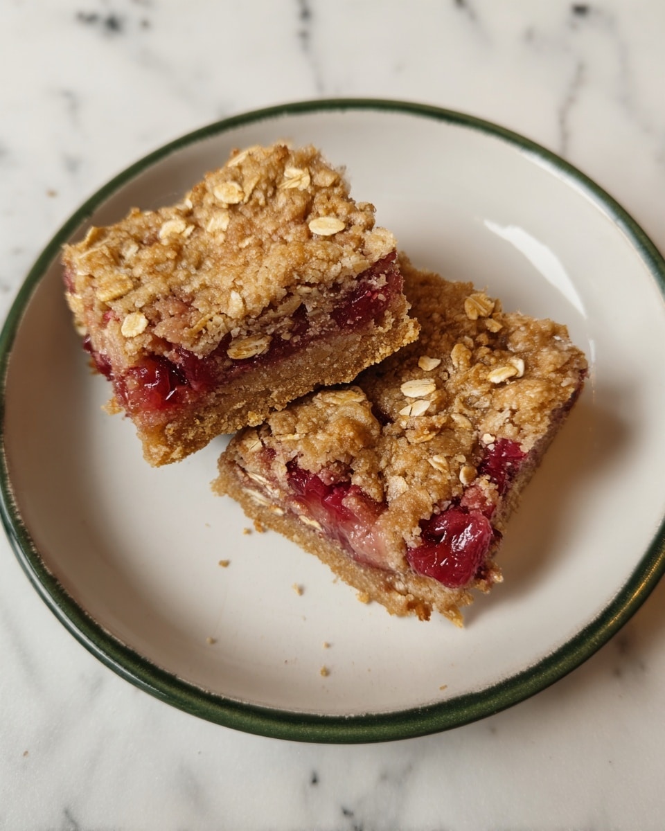 A square bar with two visible layers sits on a white plate with a green-gray rim on a white marbled surface. The top layer is a golden brown crumbly oat topping scattered with whole oats, showing bits of red and pink fruit filling peeking through cracks. The bottom layer is thicker, golden brown, and soft with a slightly rough texture, holding a moist fruit filling inside that looks shiny and mixed with pieces of red and pink fruit. The bar is partially split to show the inside layers clearly. Photo taken with an iphone --ar 4:5 --v 7