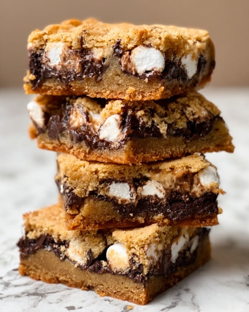 The image shows a stack of four square dessert bars on a white marbled surface. Each bar has three distinct layers: the bottom layer is a golden brown cookie dough with a slightly crumbly texture, the middle layer is filled with melted dark chocolate chunks, and the top layer is a lighter golden brown cookie dough mixed with small white melted marshmallows peeking through. The bars are stacked unevenly, showing the gooey layers clearly. Photo taken with an iphone --ar 4:5 --v 7