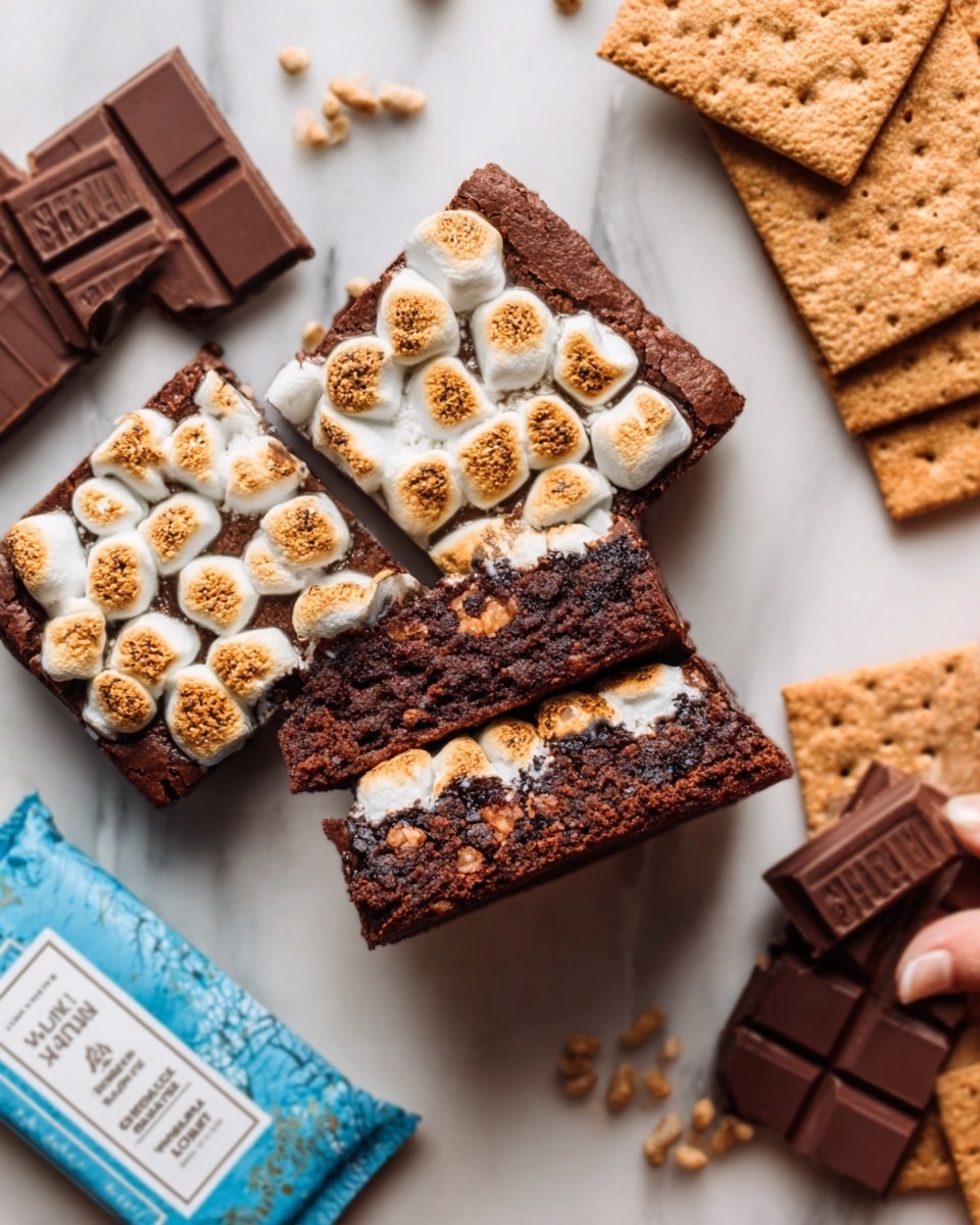 The image shows a close-up of three square pieces of dark chocolate brownies topped with small, toasted marshmallows that are light golden brown and fluffy. One piece is partly separated, showing the rich, dense, and moist texture inside. A woman's hand is holding the separated brownie piece. The brownies rest on a white marble surface, surrounded by square graham crackers on the right side. Next to the brownies, there is a blue and white milk chocolate bar with some small dark chocolate squares placed near it. The overall colors are warm brown from the brownies, creamy white from the marshmallows, and light beige from the crackers. photo taken with an iphone --ar 4:5 --v 7