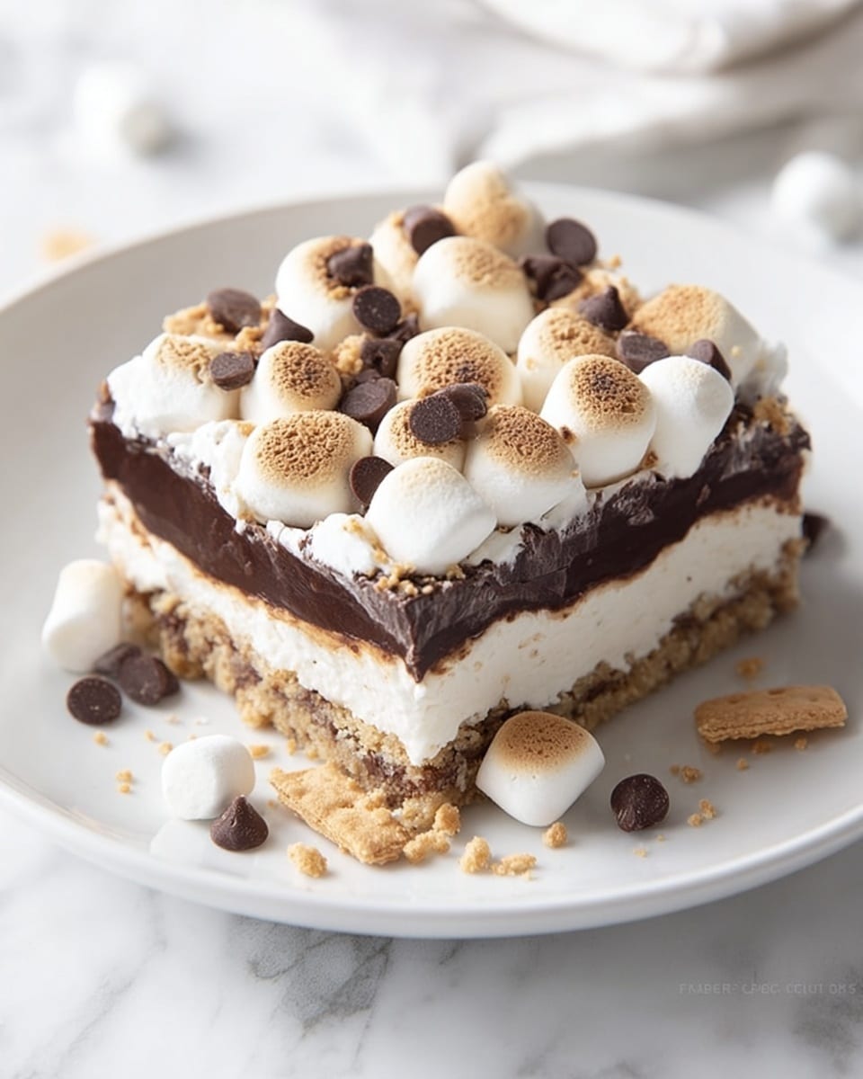 A dessert square with four visible layers sits on a white plate over a white marbled surface. The bottom layer is a light brown crumbly crust, above it is a thick, smooth white cream layer. On top of the cream is a dark, rich chocolate layer. The top layer consists of toasted, fluffy white marshmallows, sprinkled with small, round chocolate chips and broken beige graham cracker pieces scattered on top and around the dessert. Photo taken with an iphone --ar 4:5 --v 7